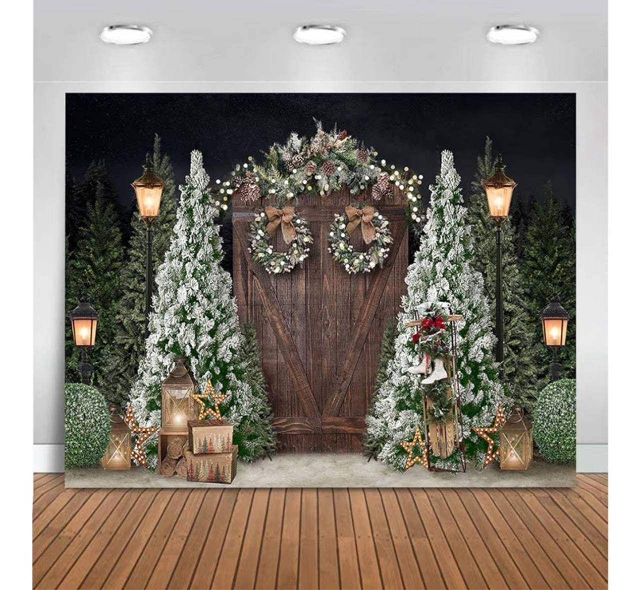 Mocsicka 7x5ft Christmas Photography Backdrop Winter Rustic Wood Door Background