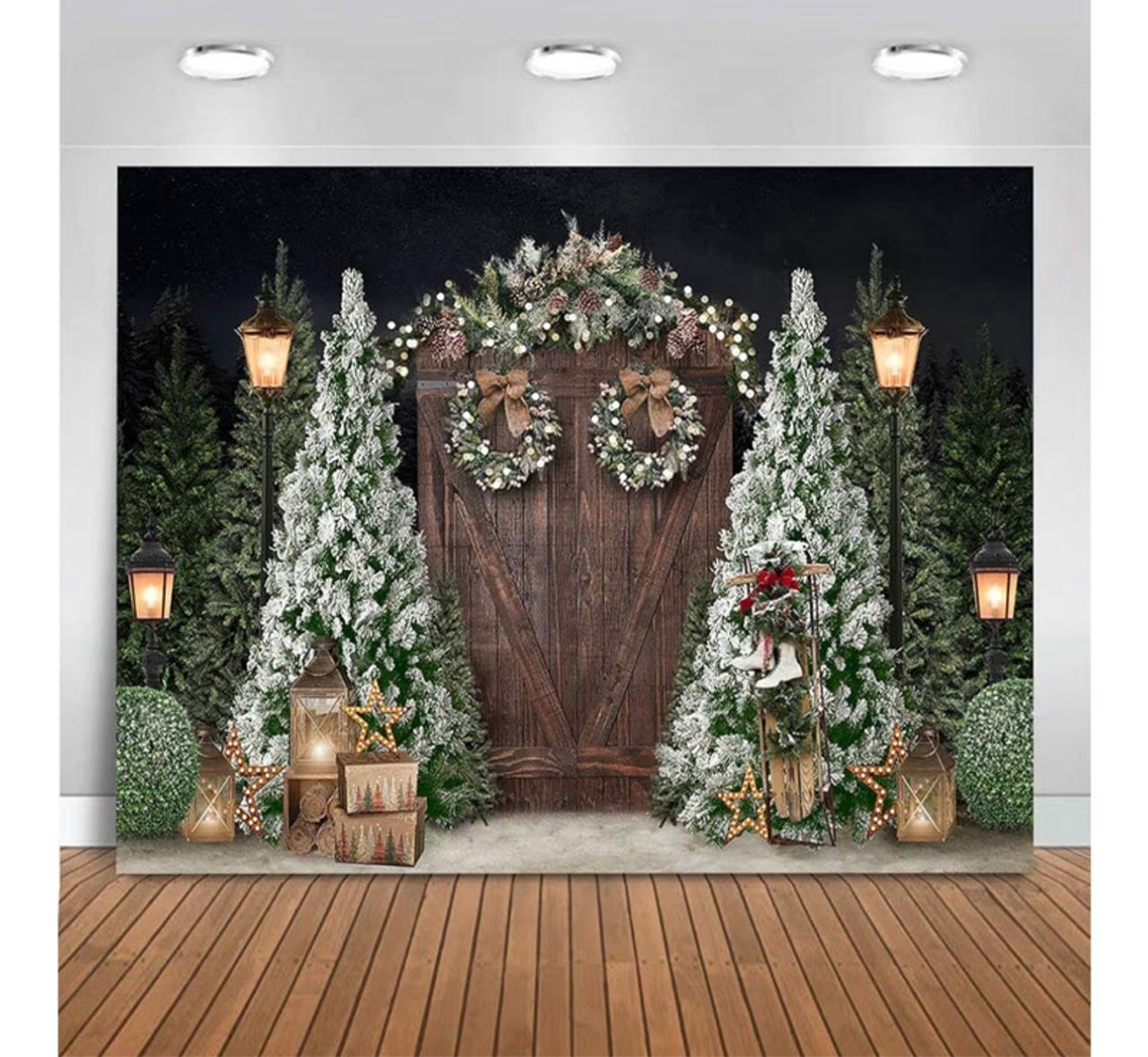 Mocsicka 7x5ft Christmas Photography Backdrop Winter Rustic Wood Door Background