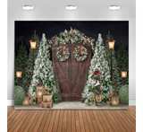 Mocsicka 7x5ft Christmas Photography Backdrop Winter Rustic Wood Door Background - Image 1