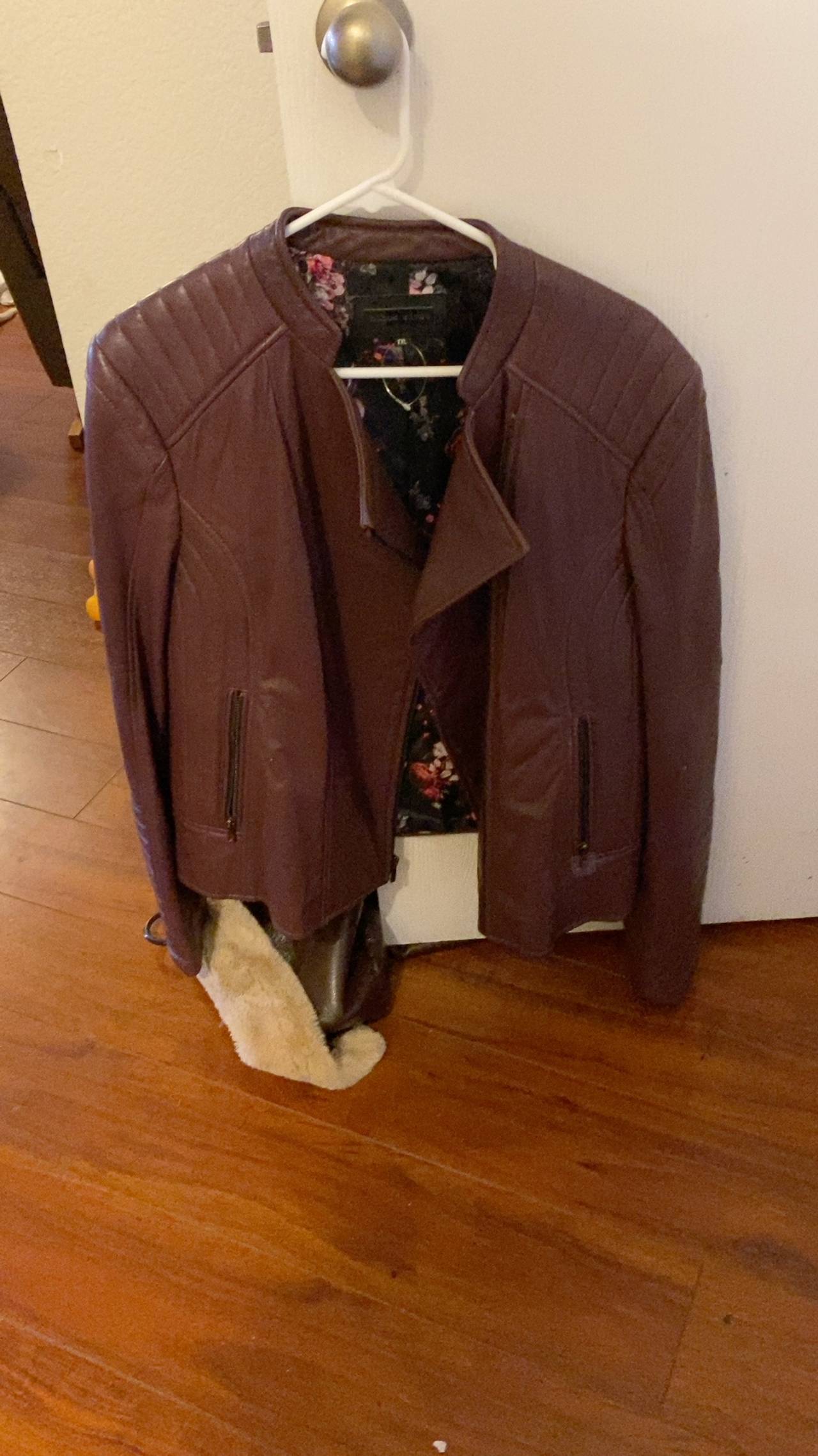 Hugo Boss Women's Burgundy Leather Biker Jacket