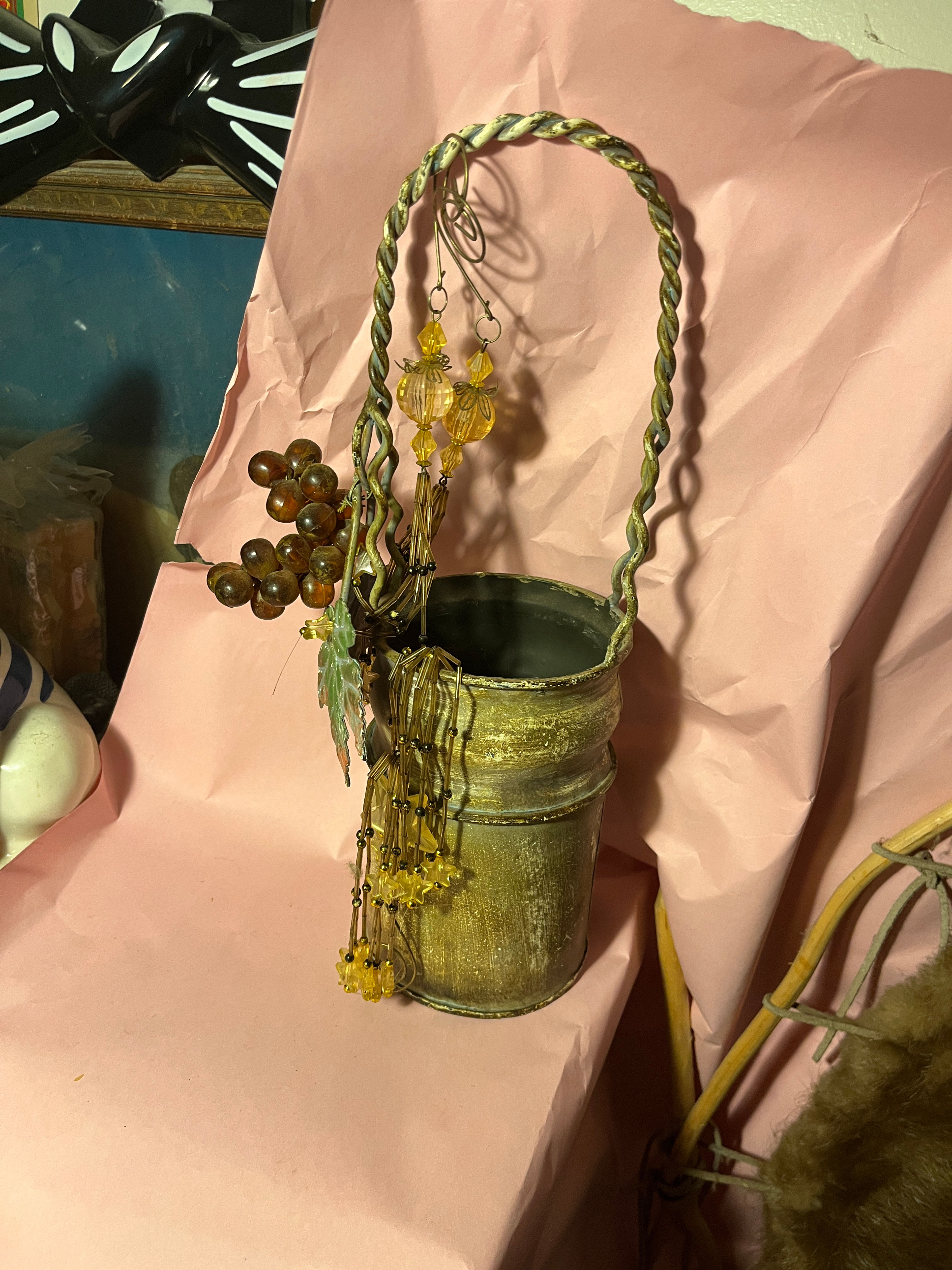 Rustic Metal Bucket Planter with Twisted Handle