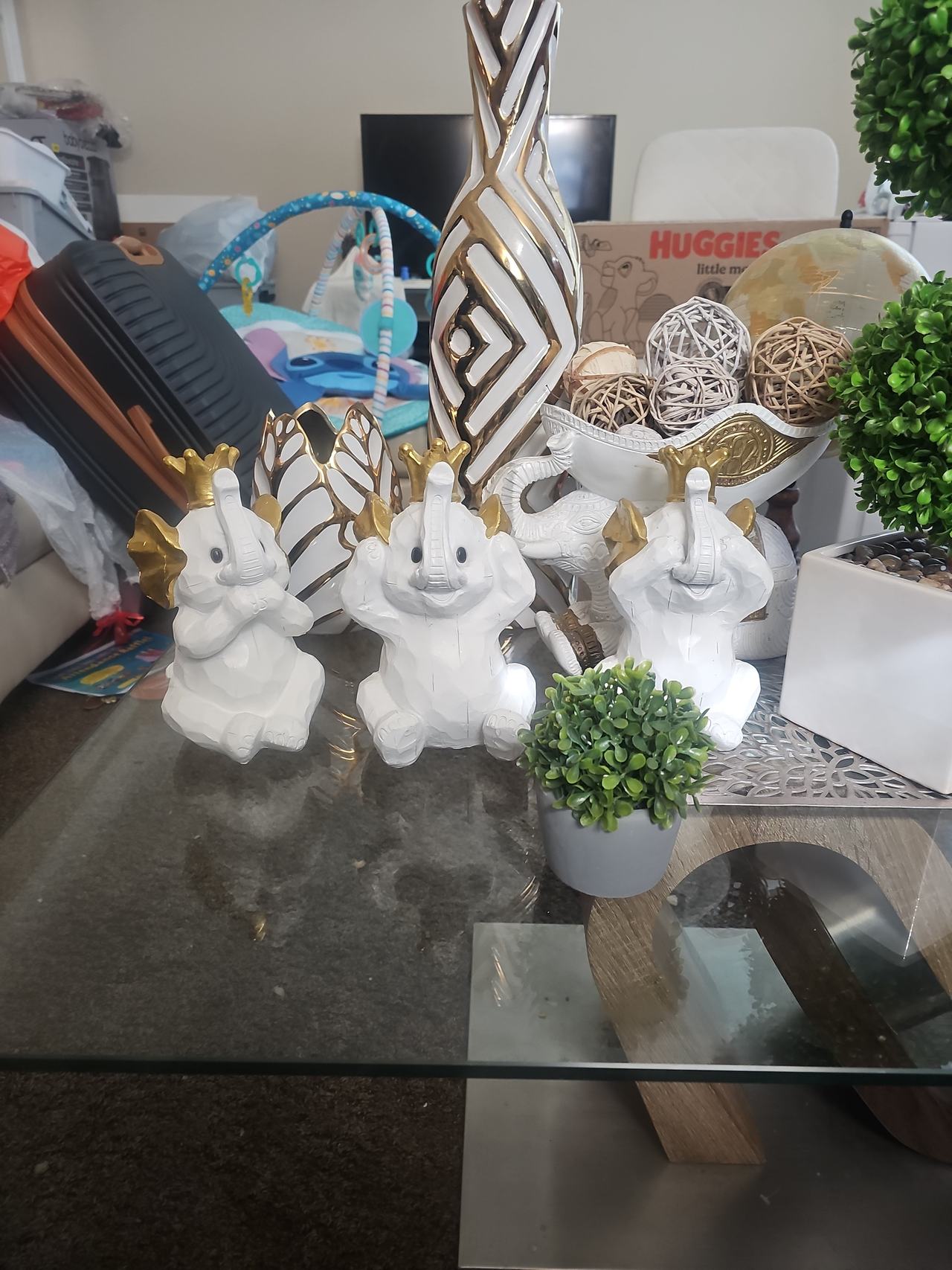 Hear See Speak No Evil Elephant Statues with Gold Crowns