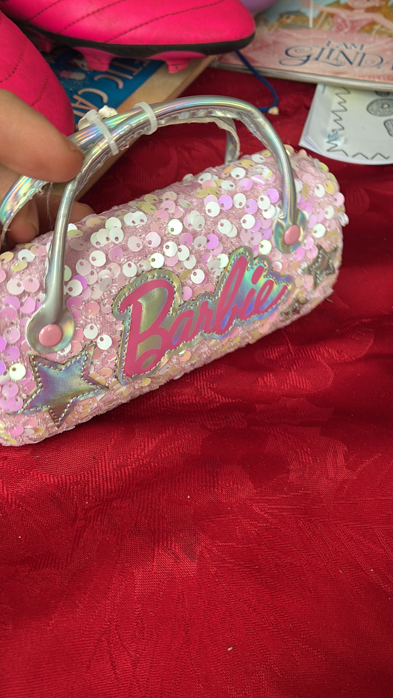 Barbie Pink Sequin Mini Barrel Bag and sunglasses