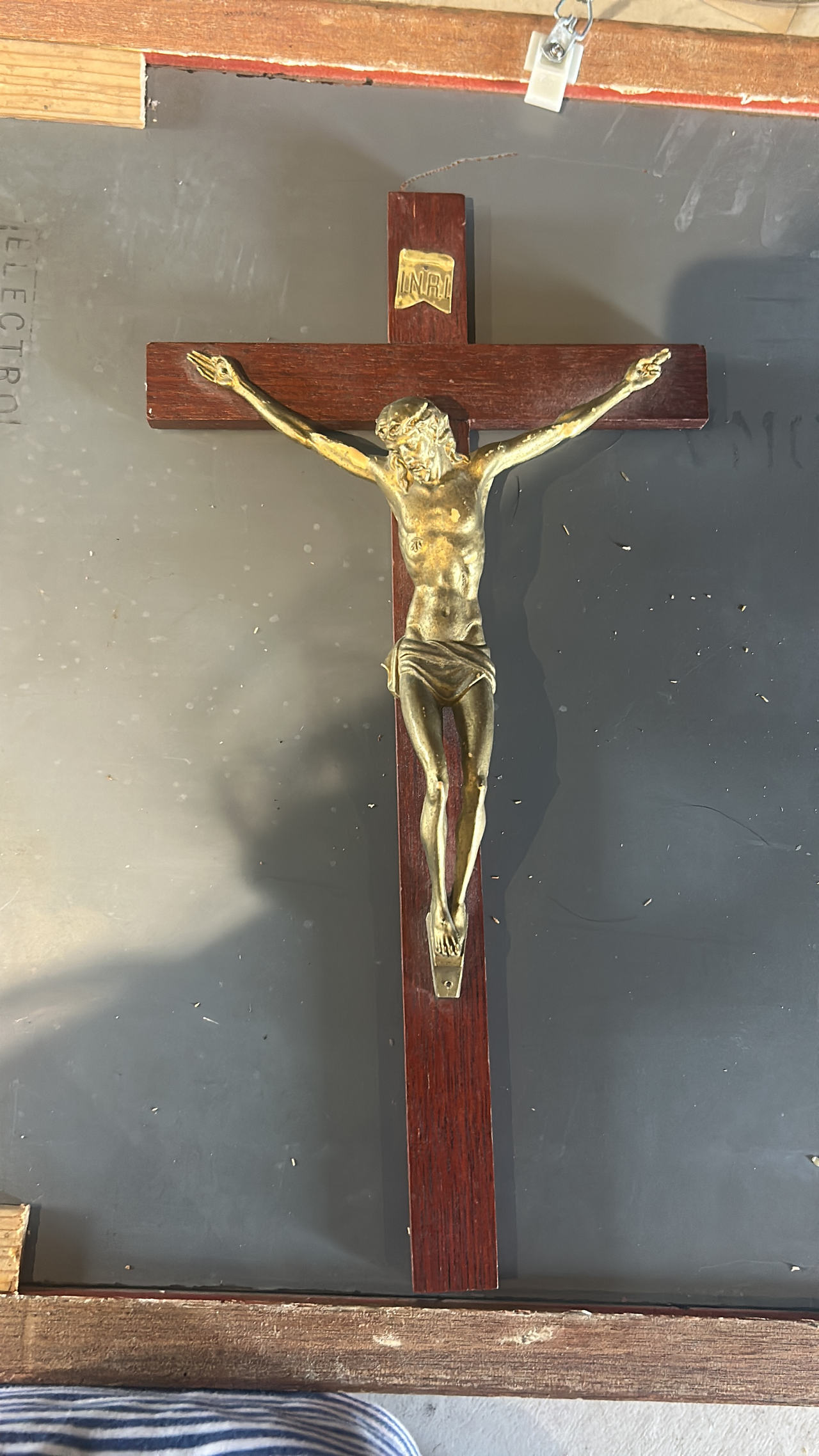Vintage Wooden Wall Crucifix with Brass Corpus