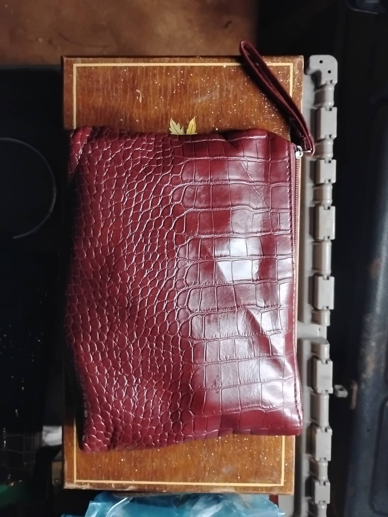 Burgundy Faux Crocodile Wristlet Clutch Bag
