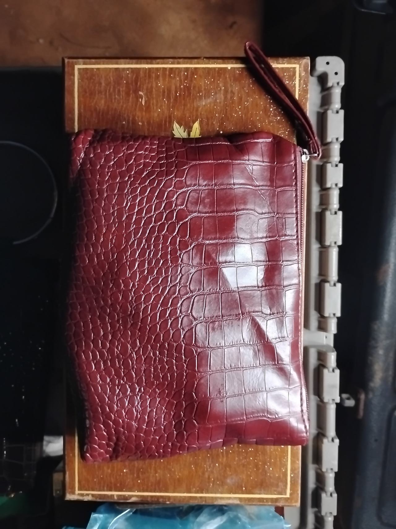 Burgundy Faux Crocodile Wristlet Clutch Bag