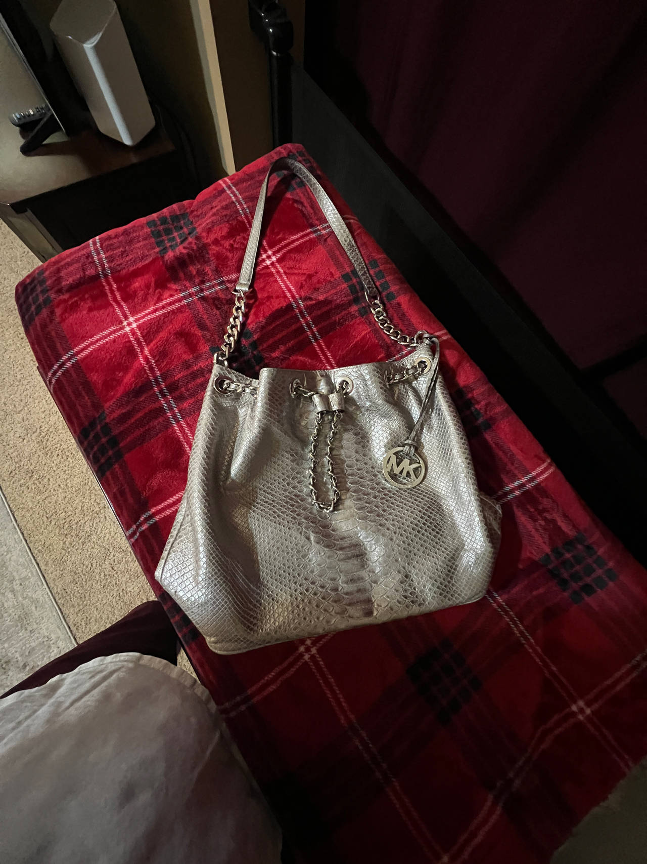Michael Kors Metallic Snakeskin Drawstring Shoulder Bag