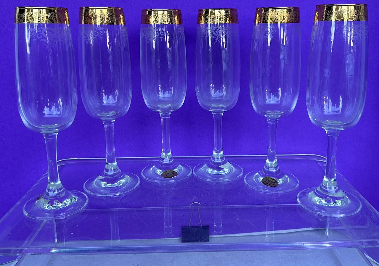 Celine Gold Rim Etched Champagne Flutes