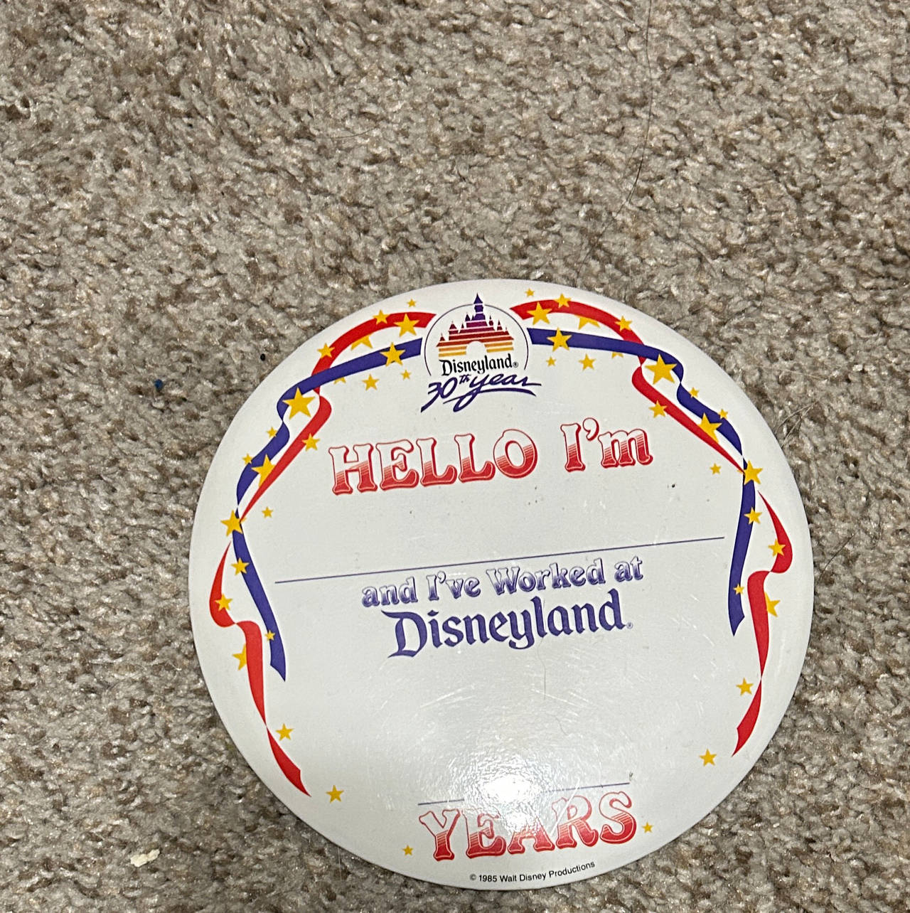 Disneyland 30th Anniversary Hello I'm Cast Member Button 1985