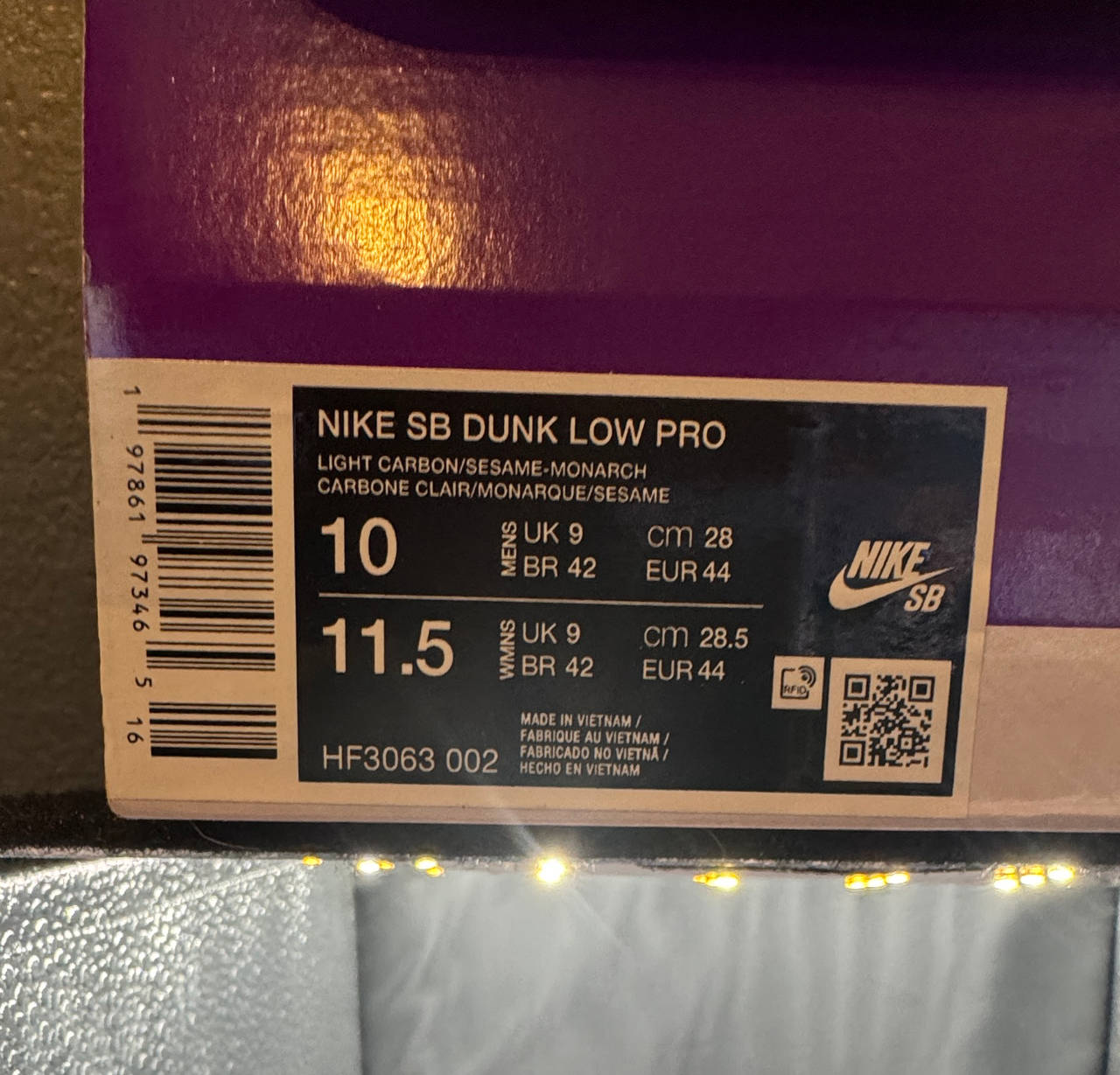 Nike SB Dunk Low Pro Light Carbon Sesame Monarch sz 10
