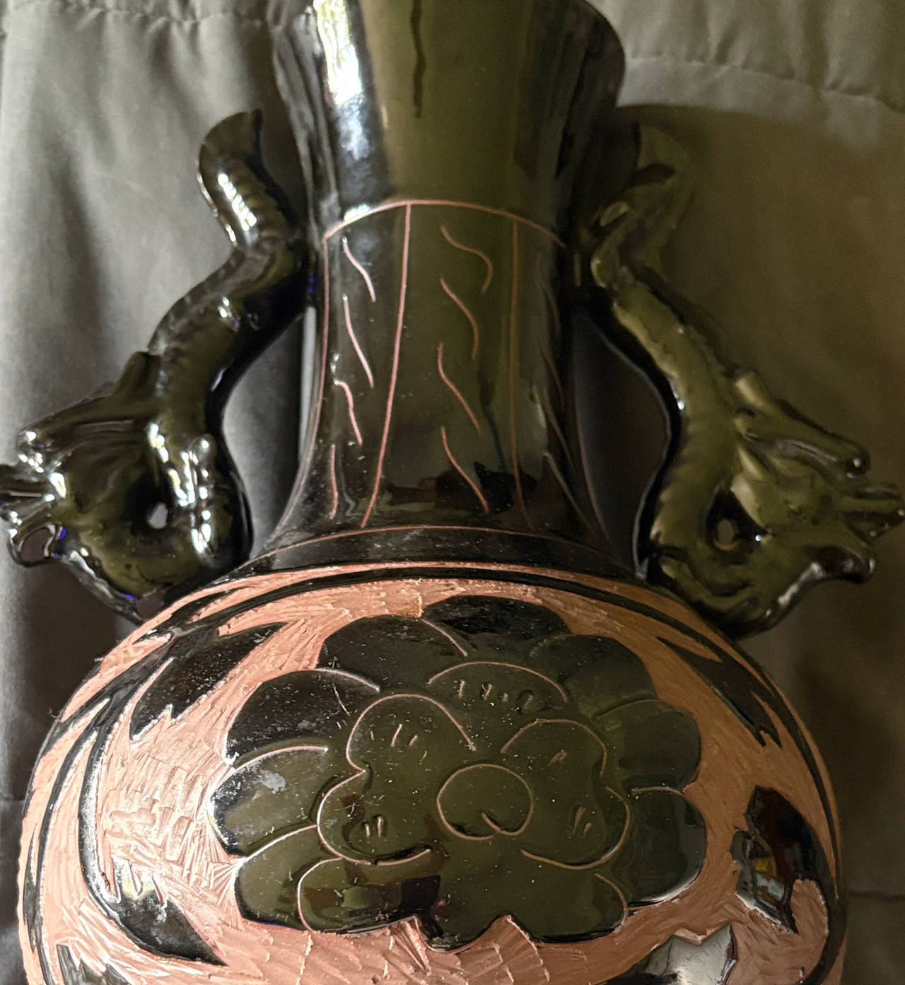 Black and Pink Ceramic Vase with Dragon Handles