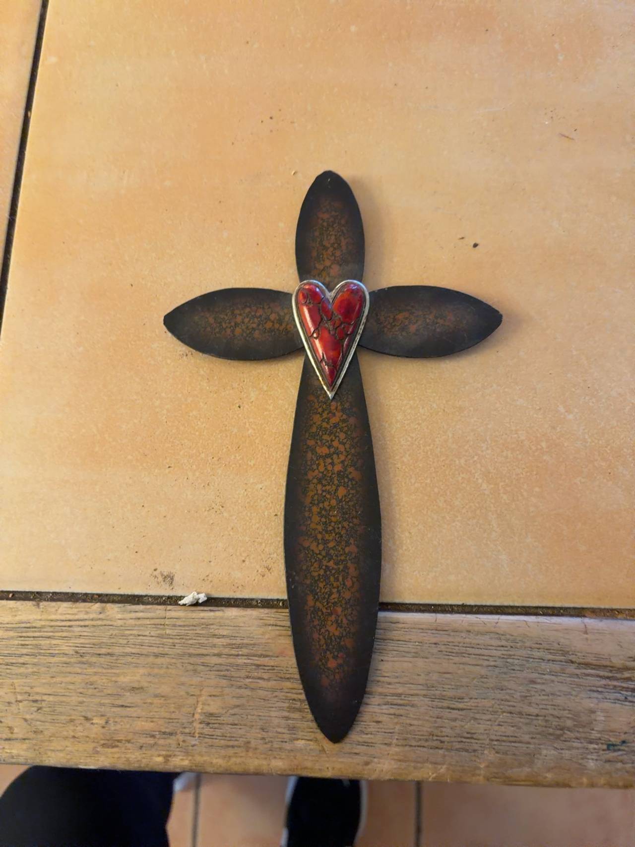 Decorative Metal Wall Cross with Red Heart