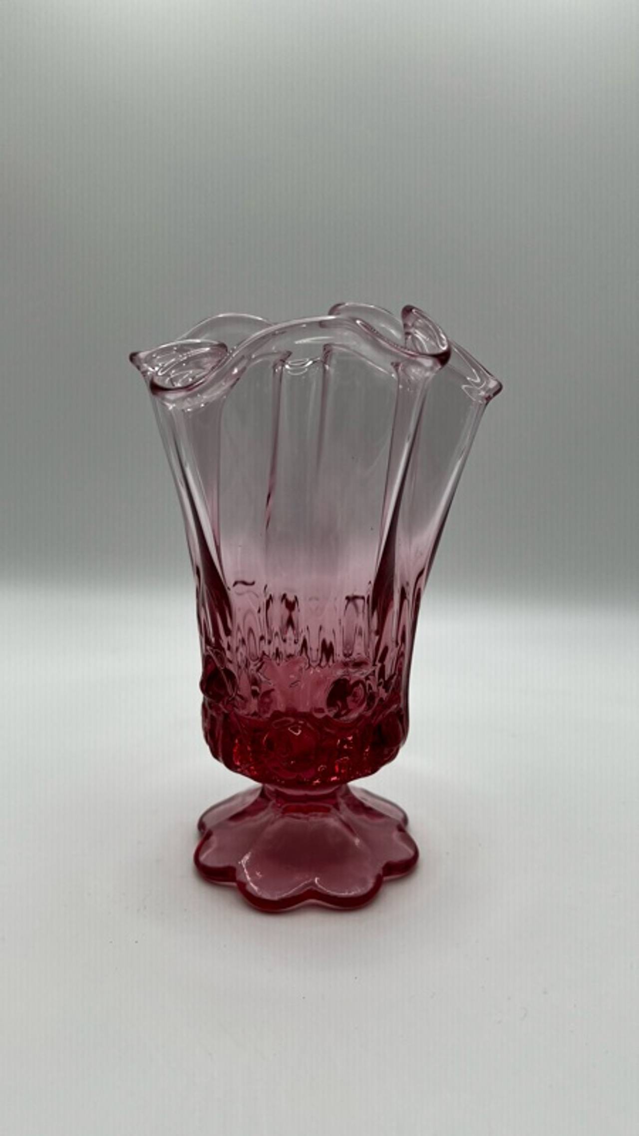 Fenton Pink Crimped Edge Footed Glass Vase