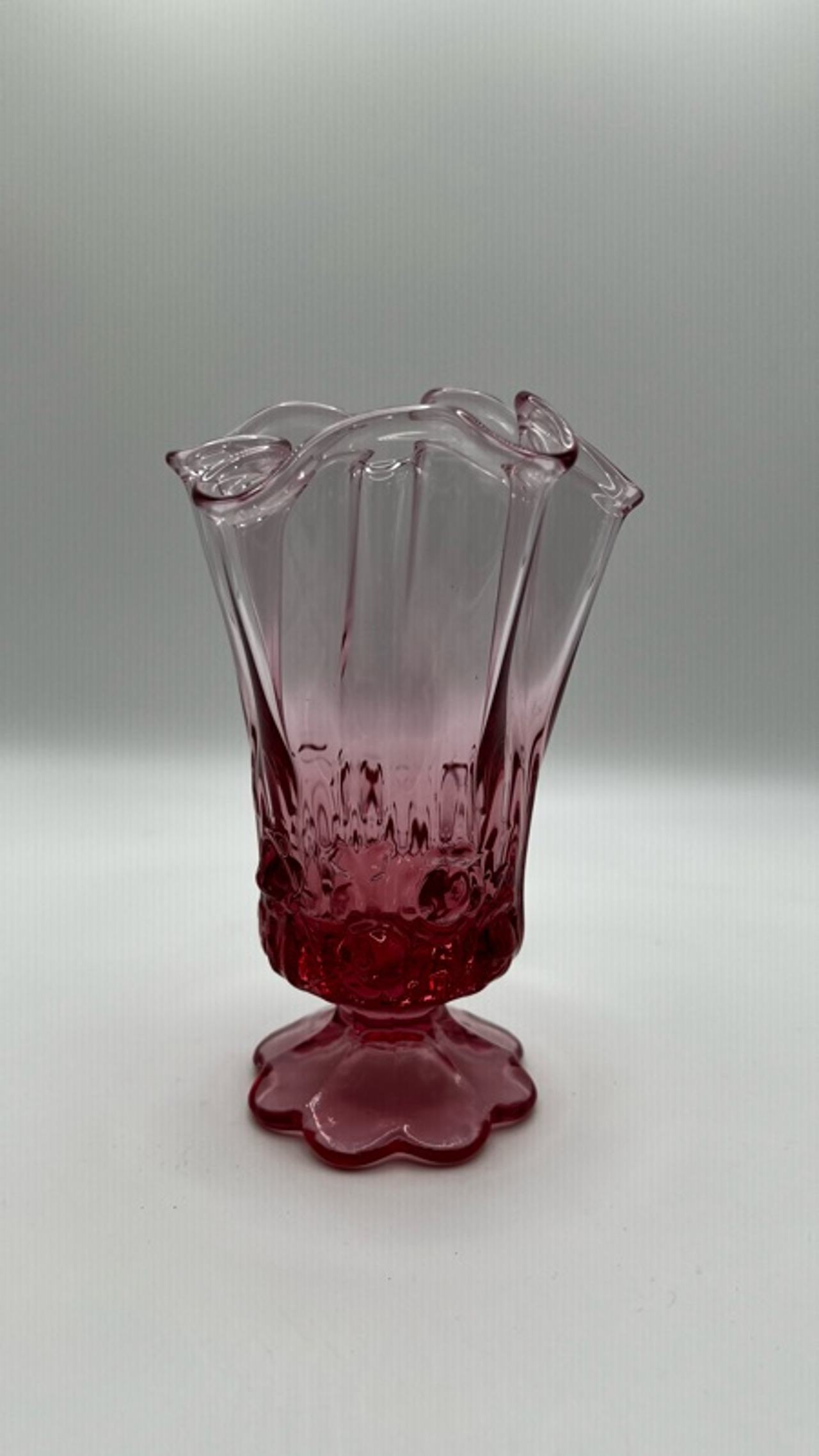Fenton Pink Crimped Edge Footed Glass Vase