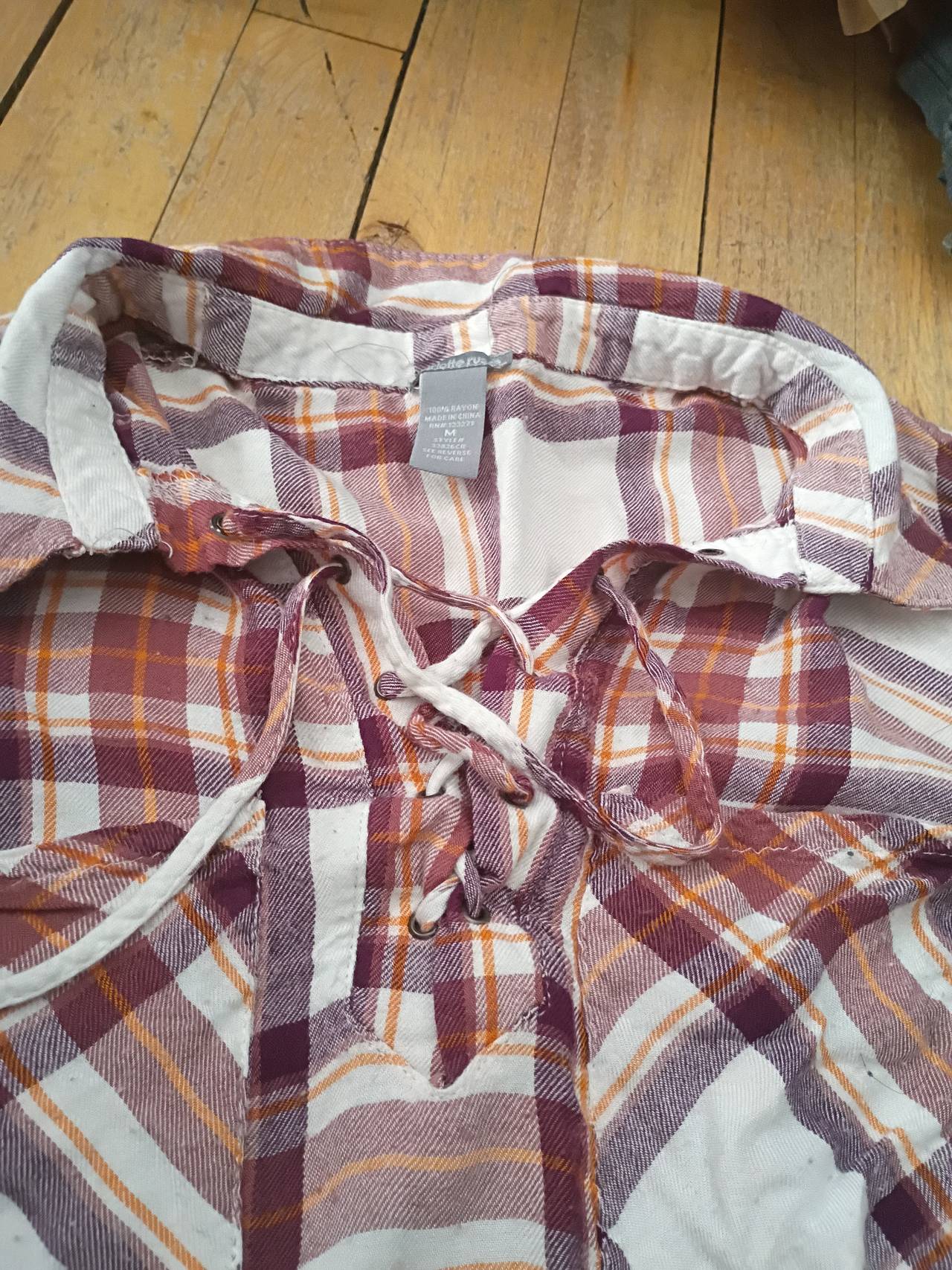 Charlotte Russe Lace-up Plaid Rayon Top