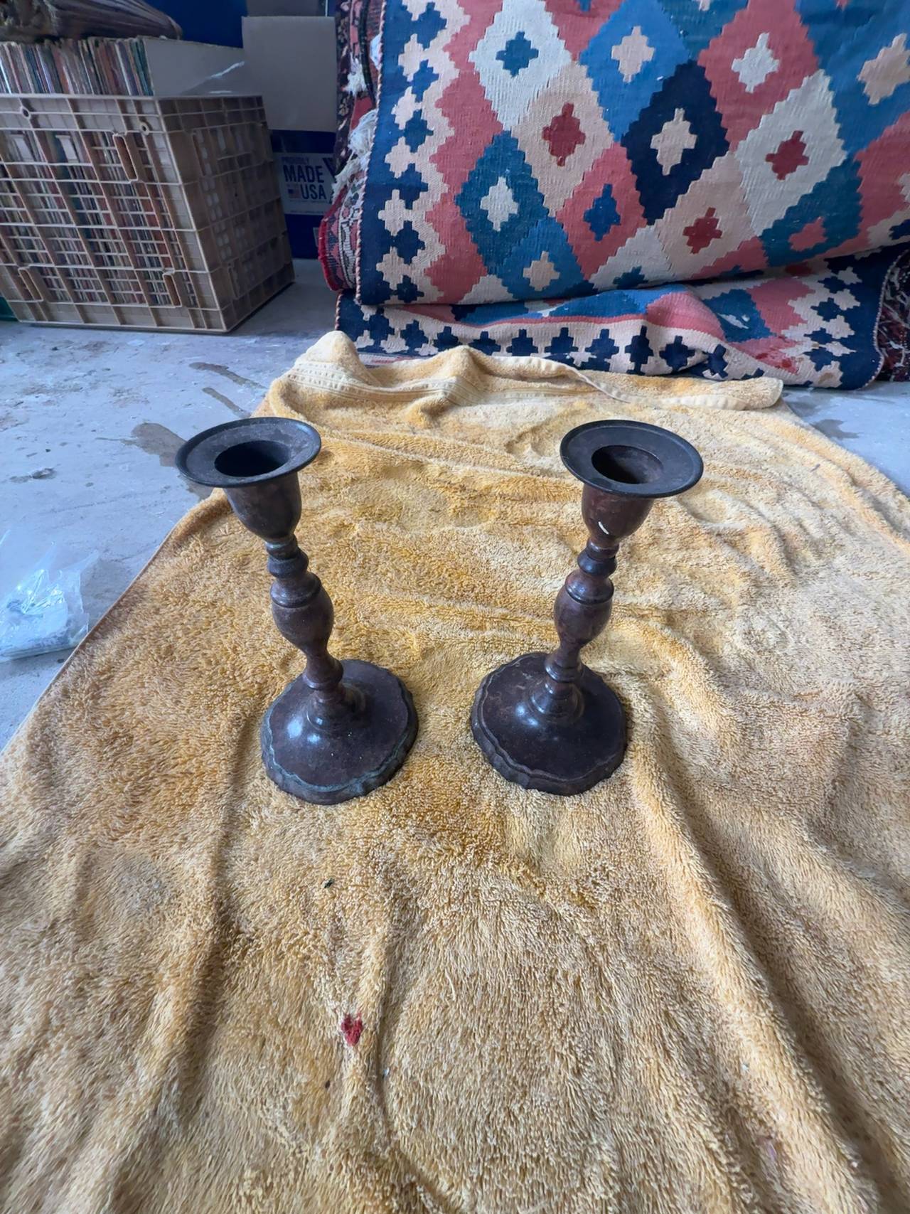Pair of Antique Turned Wood and Brass Baluster Candlesticks