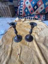 Pair of Antique Turned Wood and Brass Baluster Candlesticks - Image 1