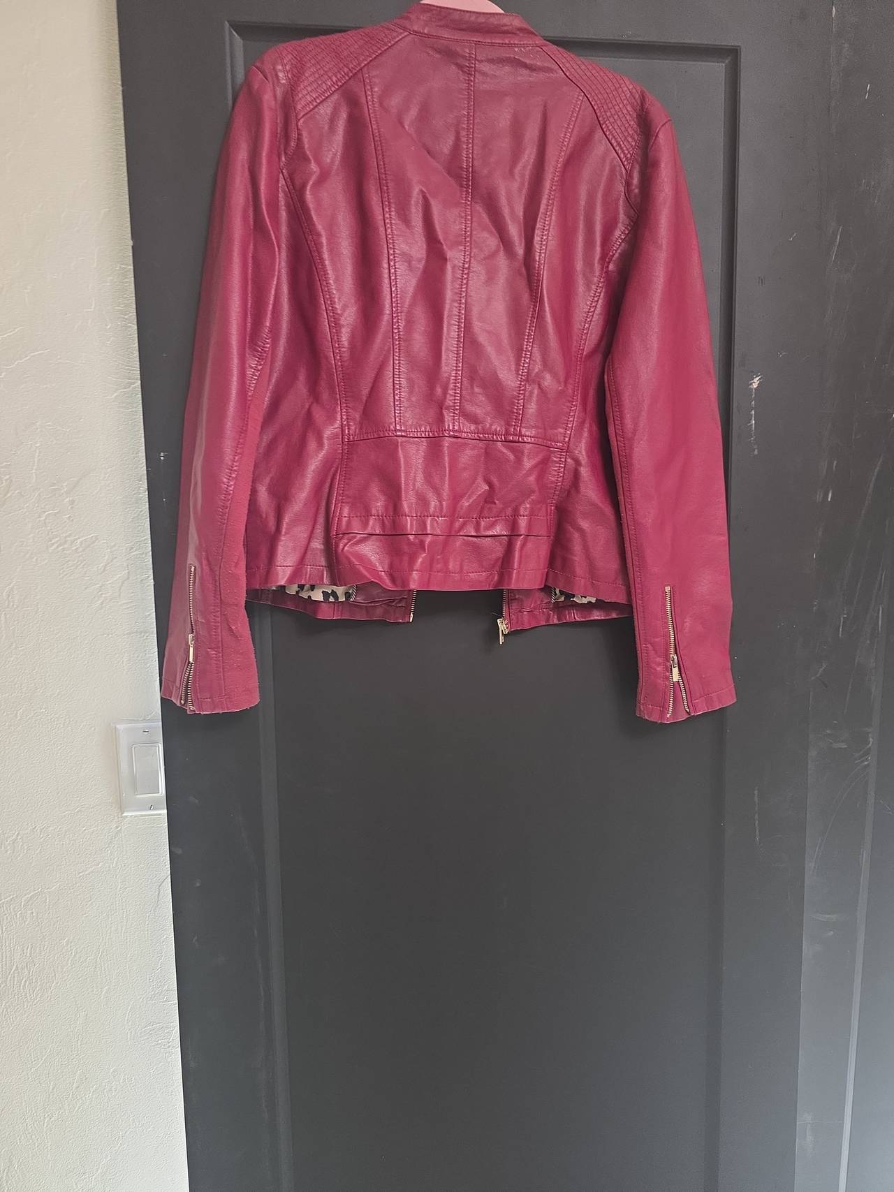 Women's Faux Leather Moto Jacket with Leopard Lining