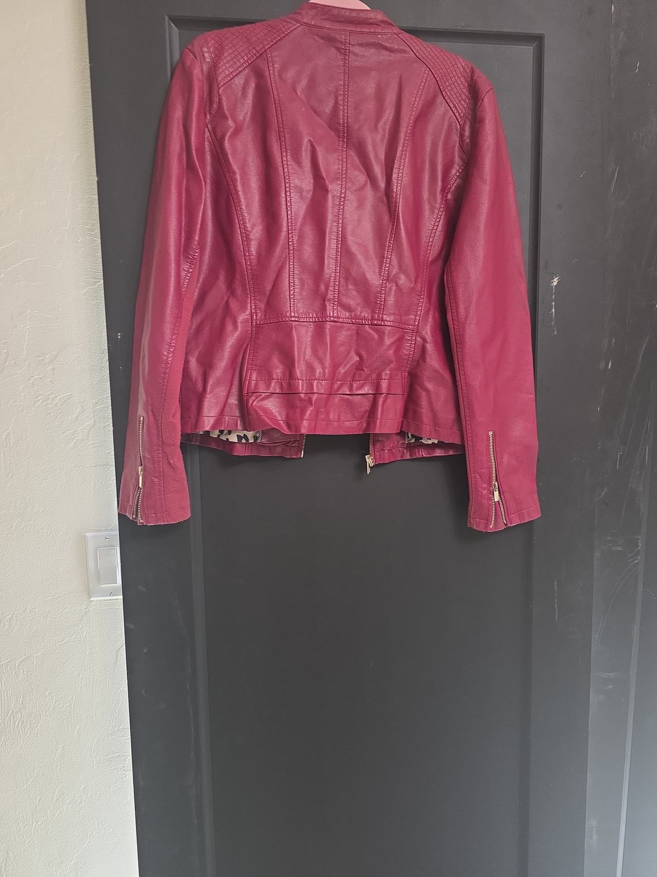 Women's Faux Leather Moto Jacket with Leopard Lining