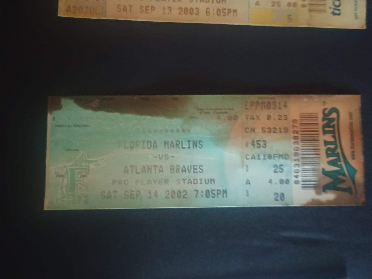 September 14, 2002 Florida Marlins vs. Atlanta Braves Ticket Stub