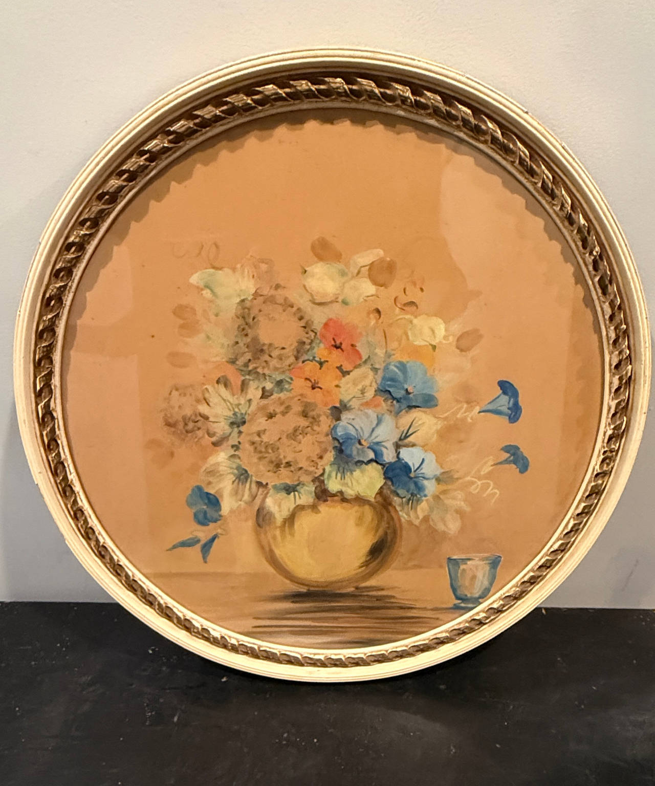Vintage Round Framed Floral Still Life Painting