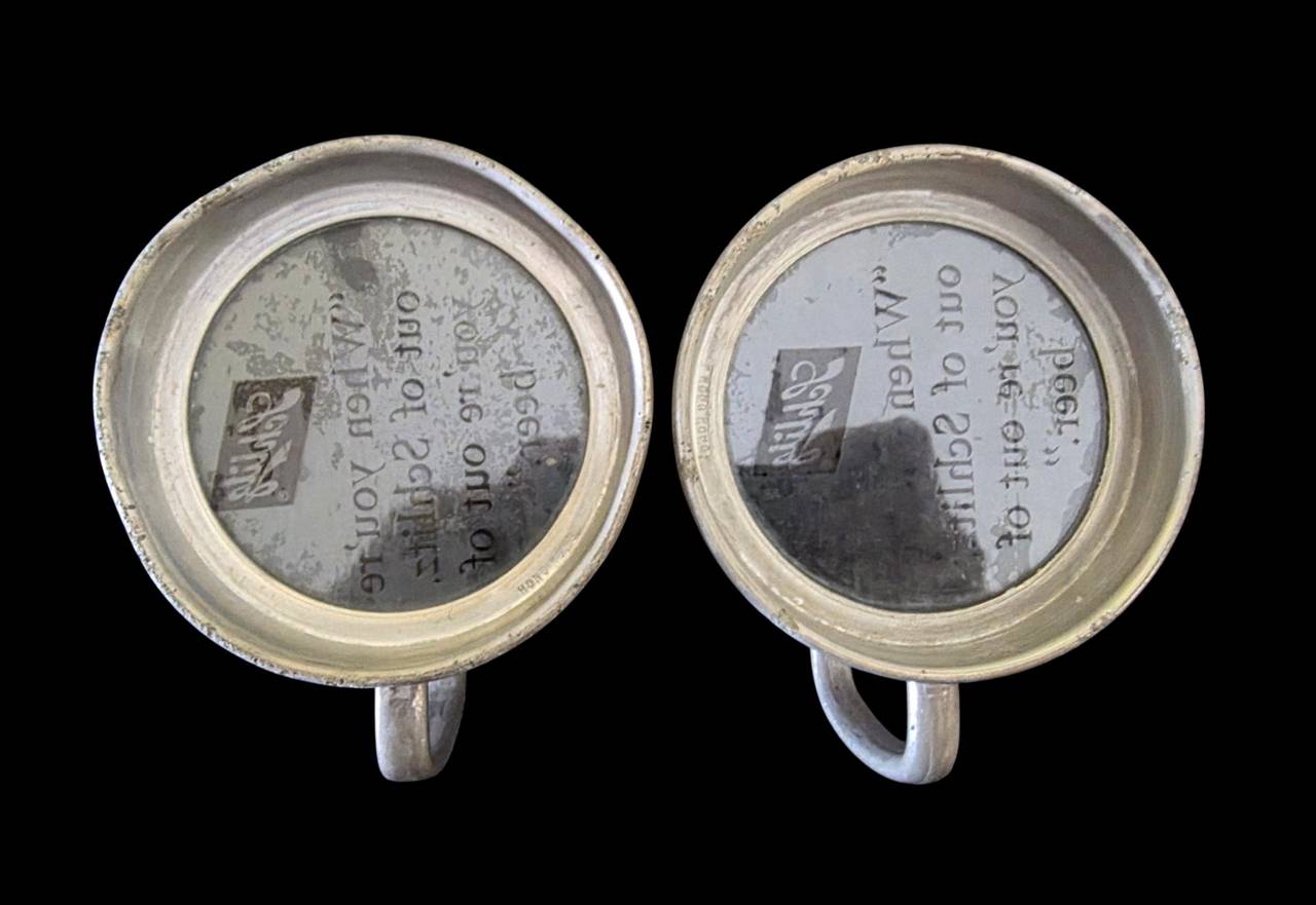 Vintage Schlitz Pewter Style Metal Clear Bottom Beer Steins (2)