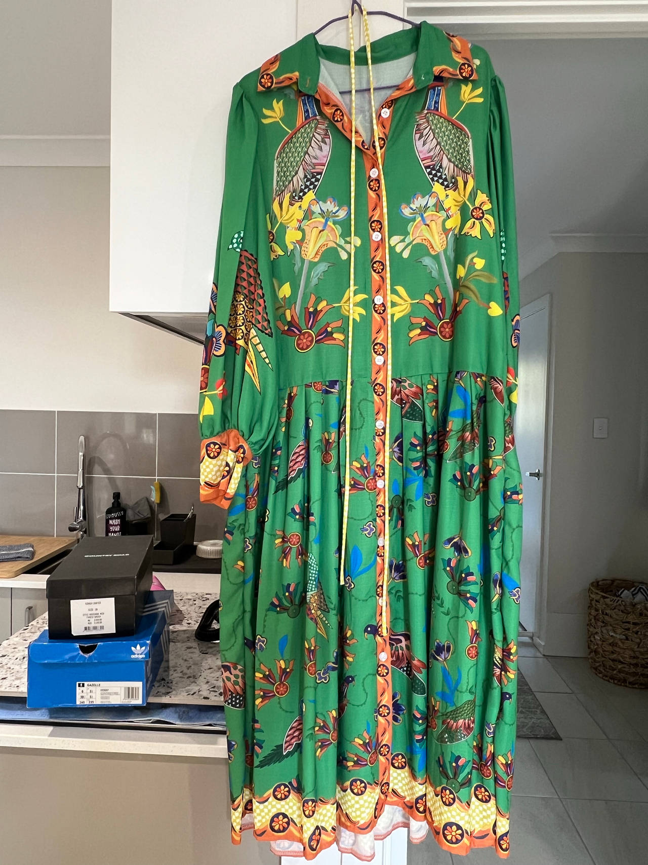 Green Bohemian Maxi Dress with Bird and Floral Print Size Medium