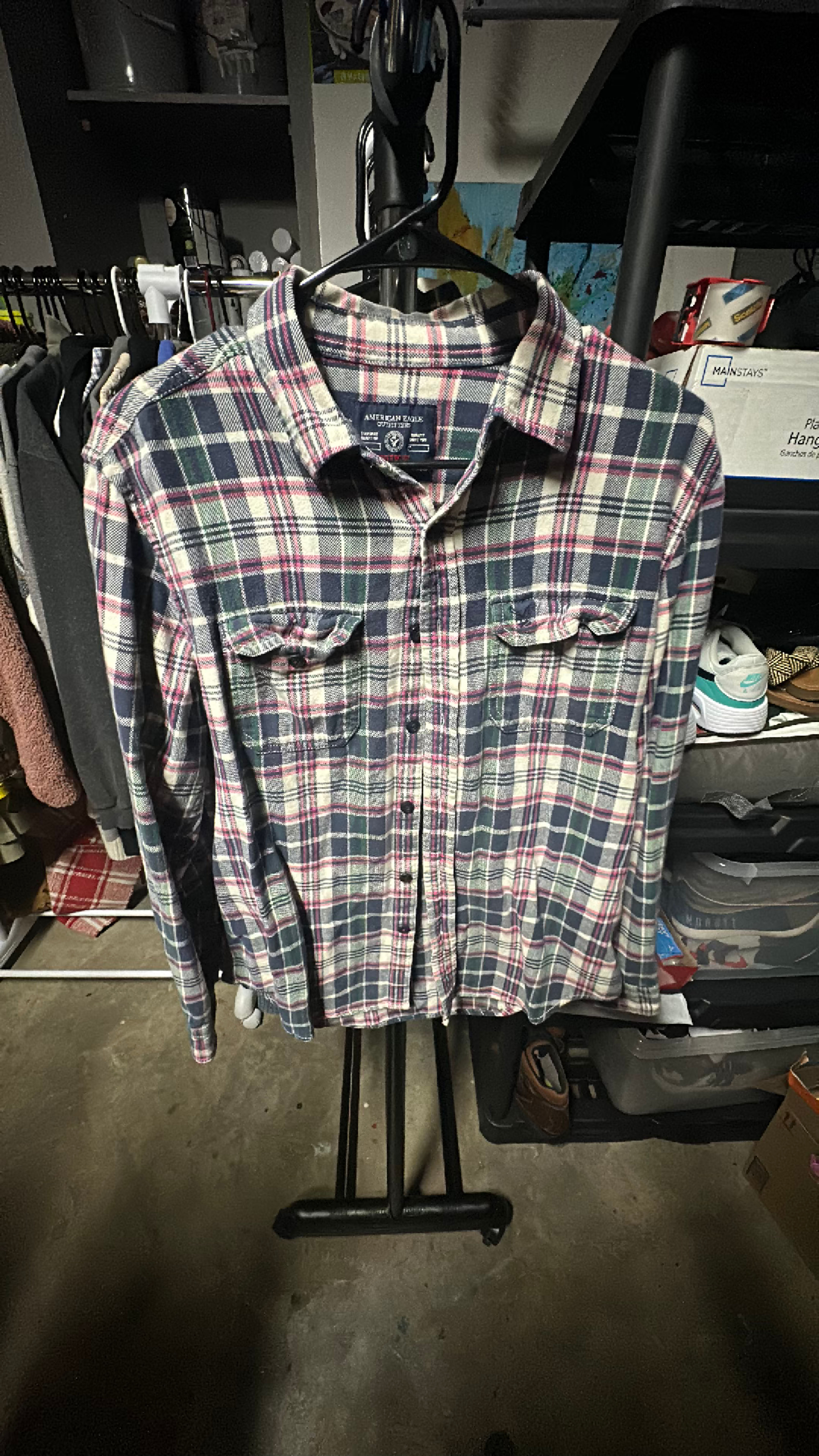 American Eagle Flannel Shirt Men's Green/Blue/Pink Plaid Medium Size M - Image 2