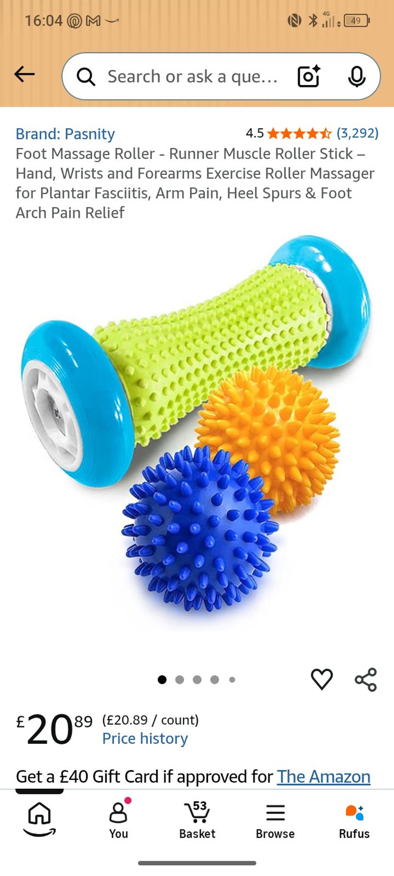 Pasnity Foot Massage Roller and Spiky Massage Ball Set