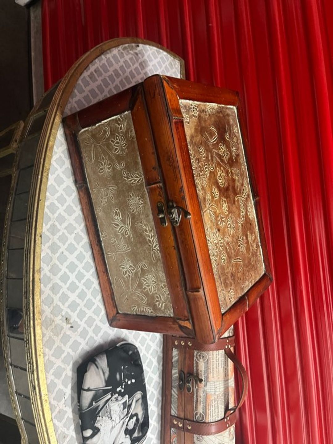 Vintage Wood and Embossed Metal Jewelry Box