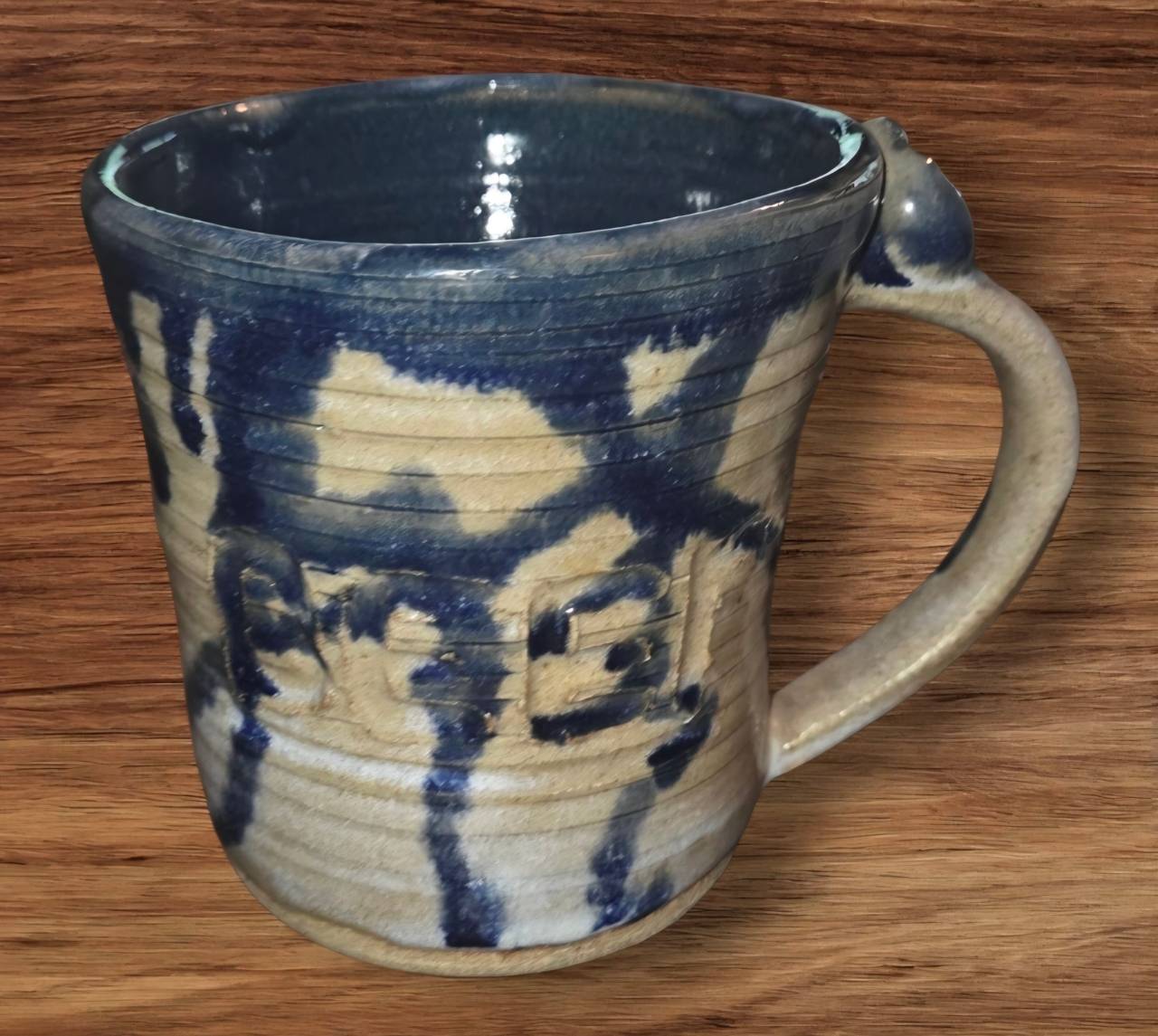 Handmade Blue and Tan Salt Glazed Ceramic Mug