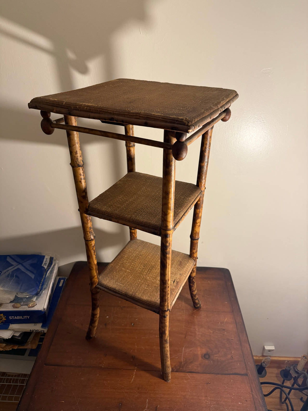Antique Victorian Burnt Bamboo 3-Tier Plant Stand