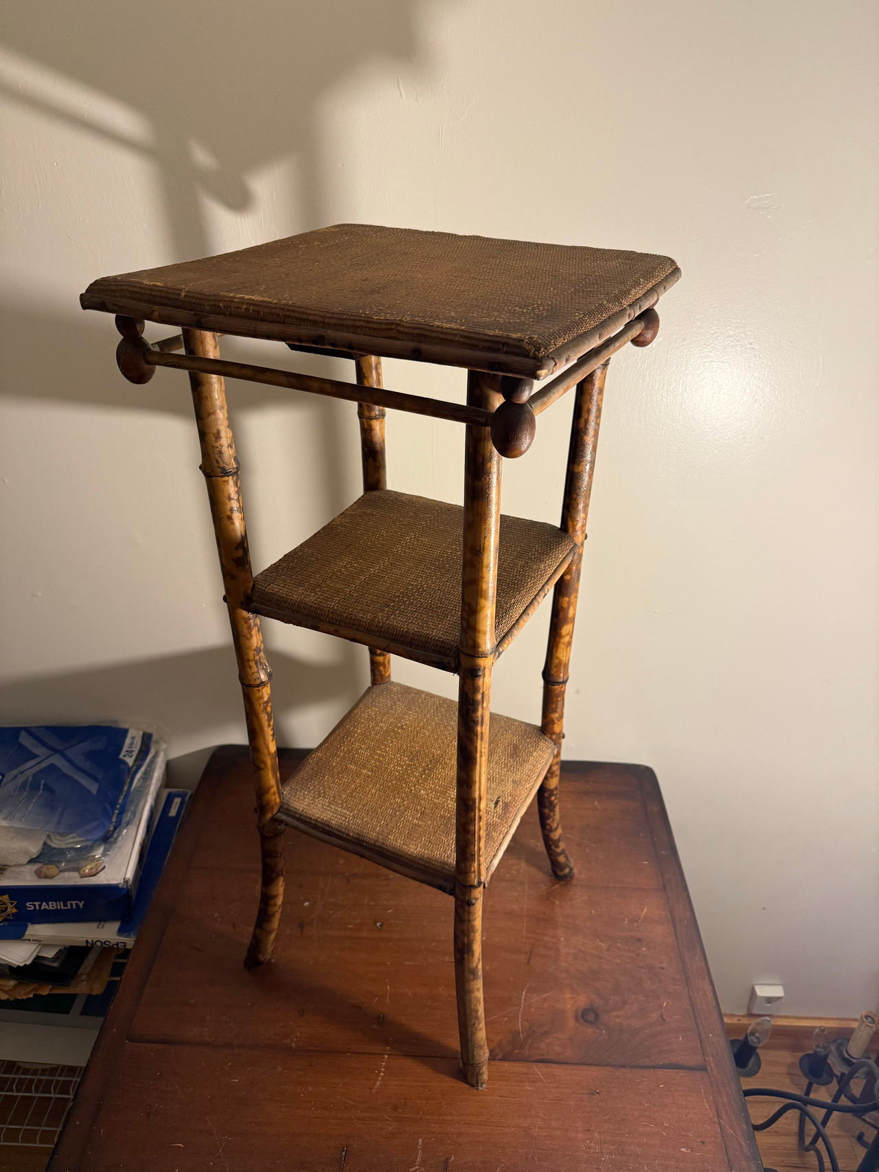 Antique Victorian Burnt Bamboo 3-Tier Plant Stand
