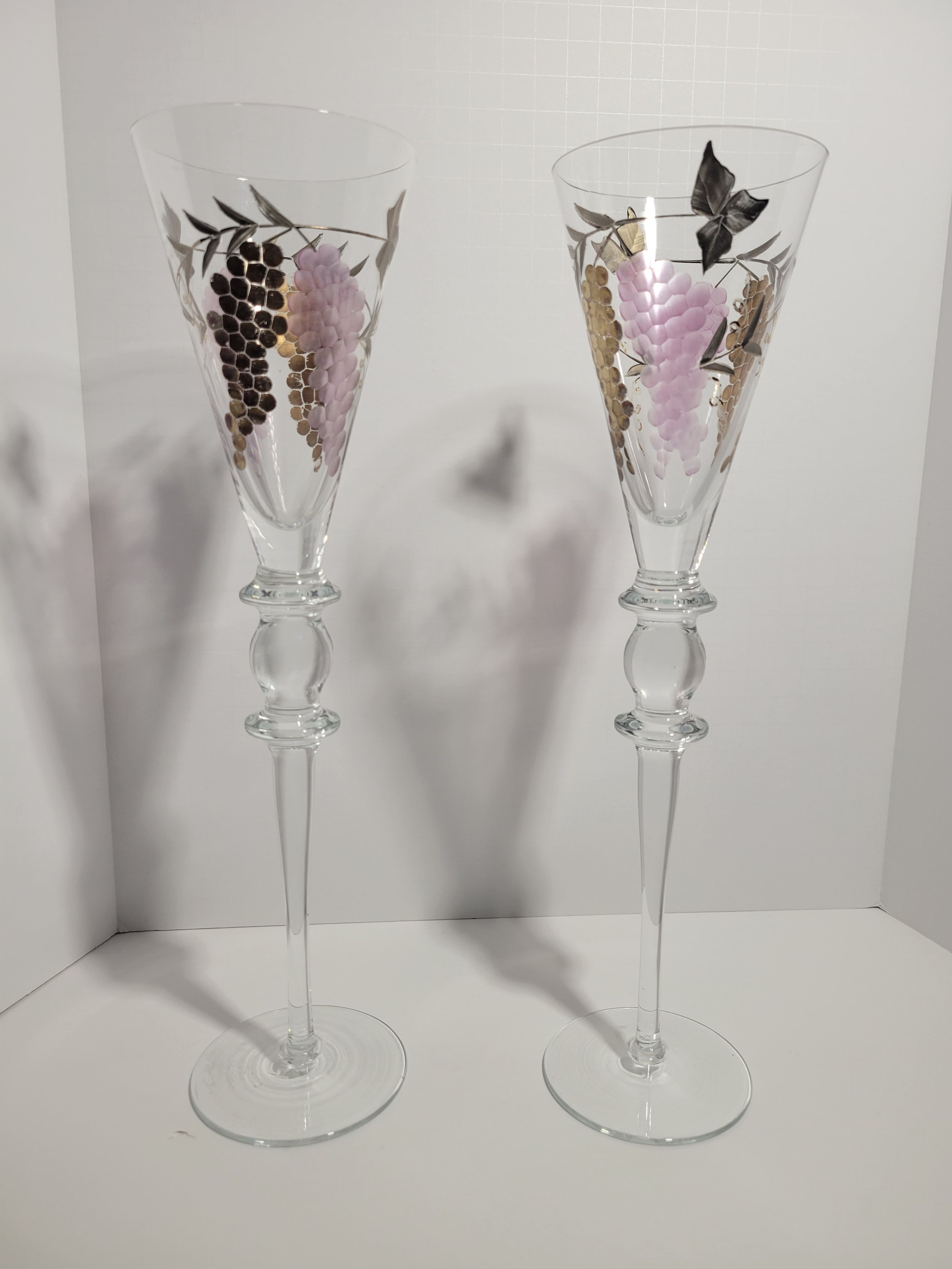 Vintage Hand Painted Grape Vine Champagne Flutes - Image 2