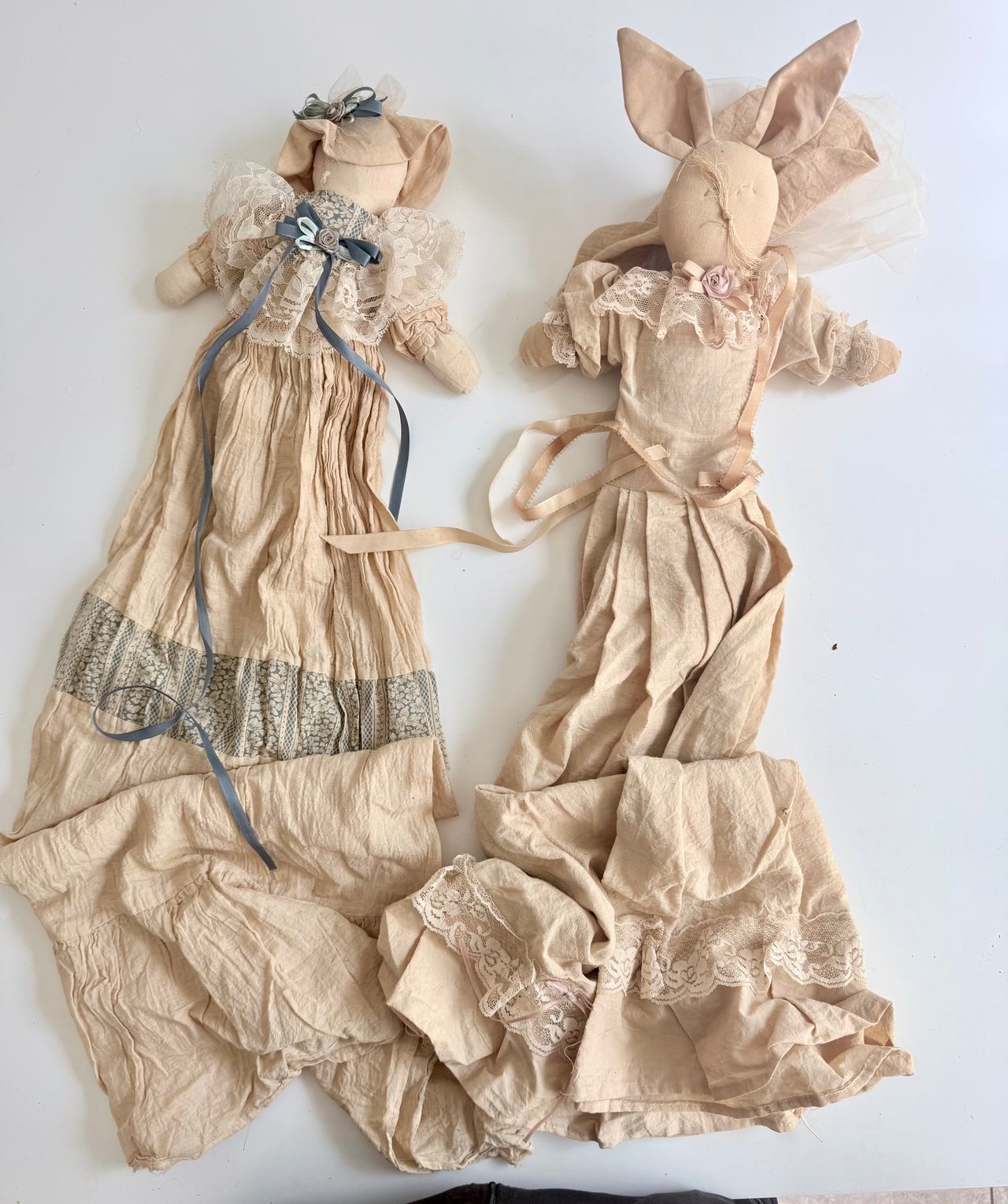 2 Vintage Style tea stain Cloth Bunny Doll Set.