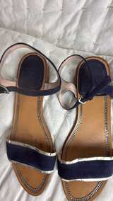 Stuart Weitzman Navy Suede Ankle Strap Sandals with Silver Trim - Image 4