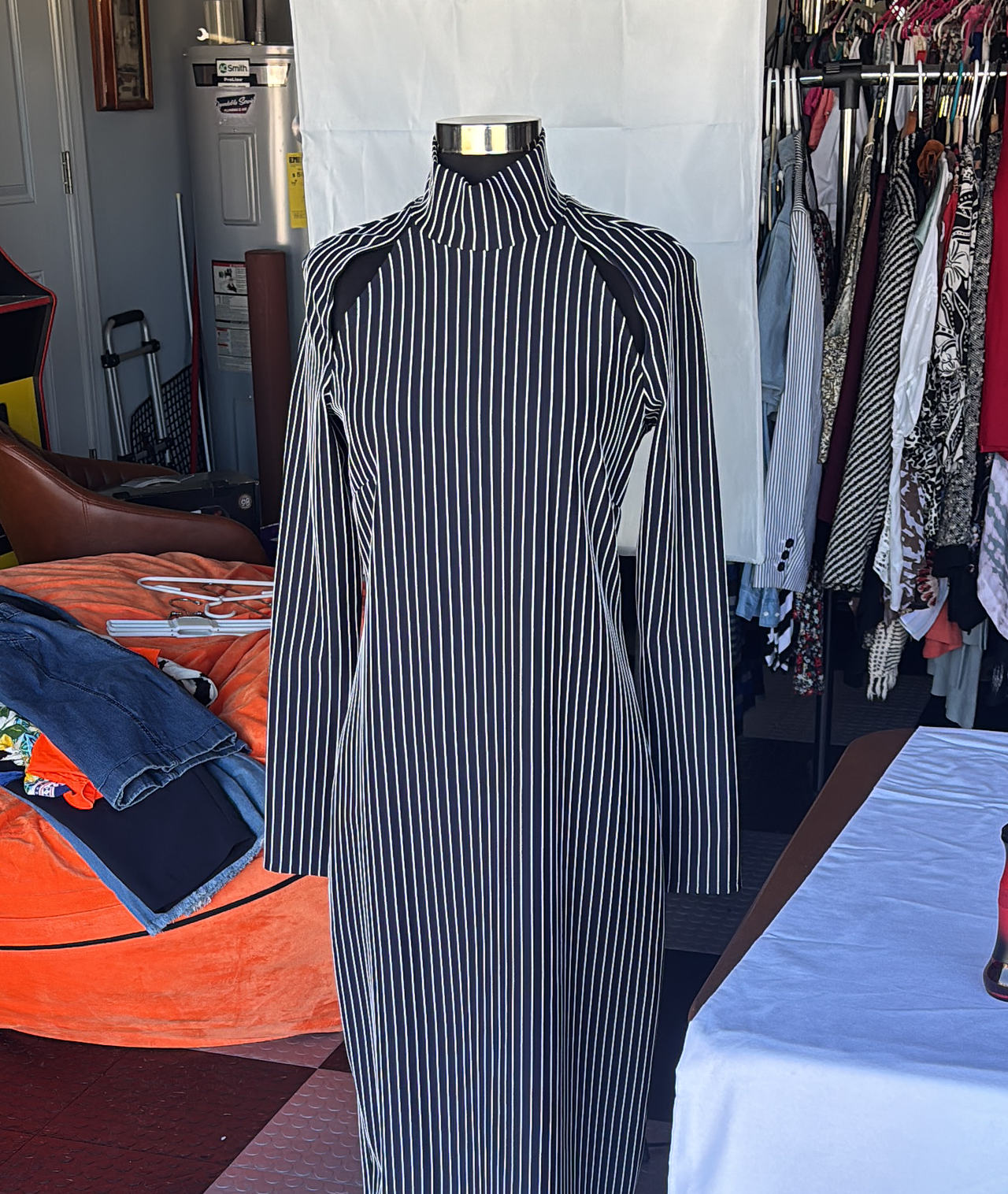 LPA Striped Mock Neck Long Sleeve Midi Dress