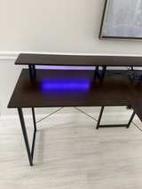 Modern L-Shaped Computer Desk Monitor Shelf LED Lights Built-In Power Outlet - Image 7