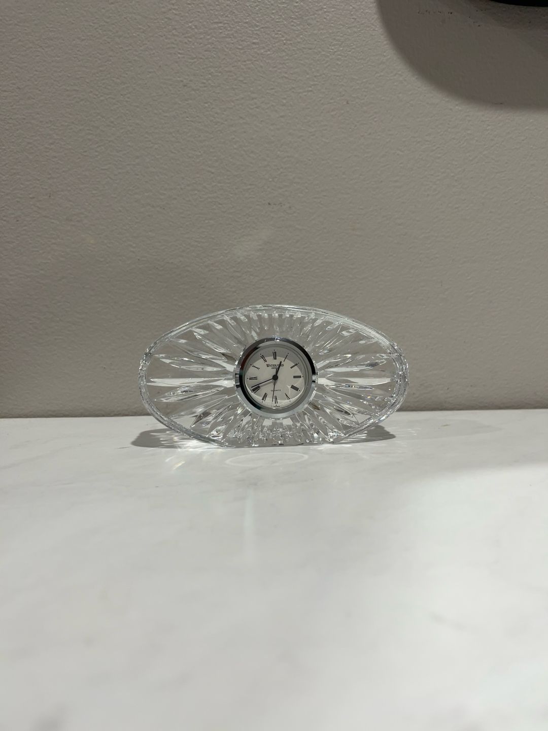 WATERFORD Crystal Oval Sunburst Design Small Desk Clock Quartz Needs Battery