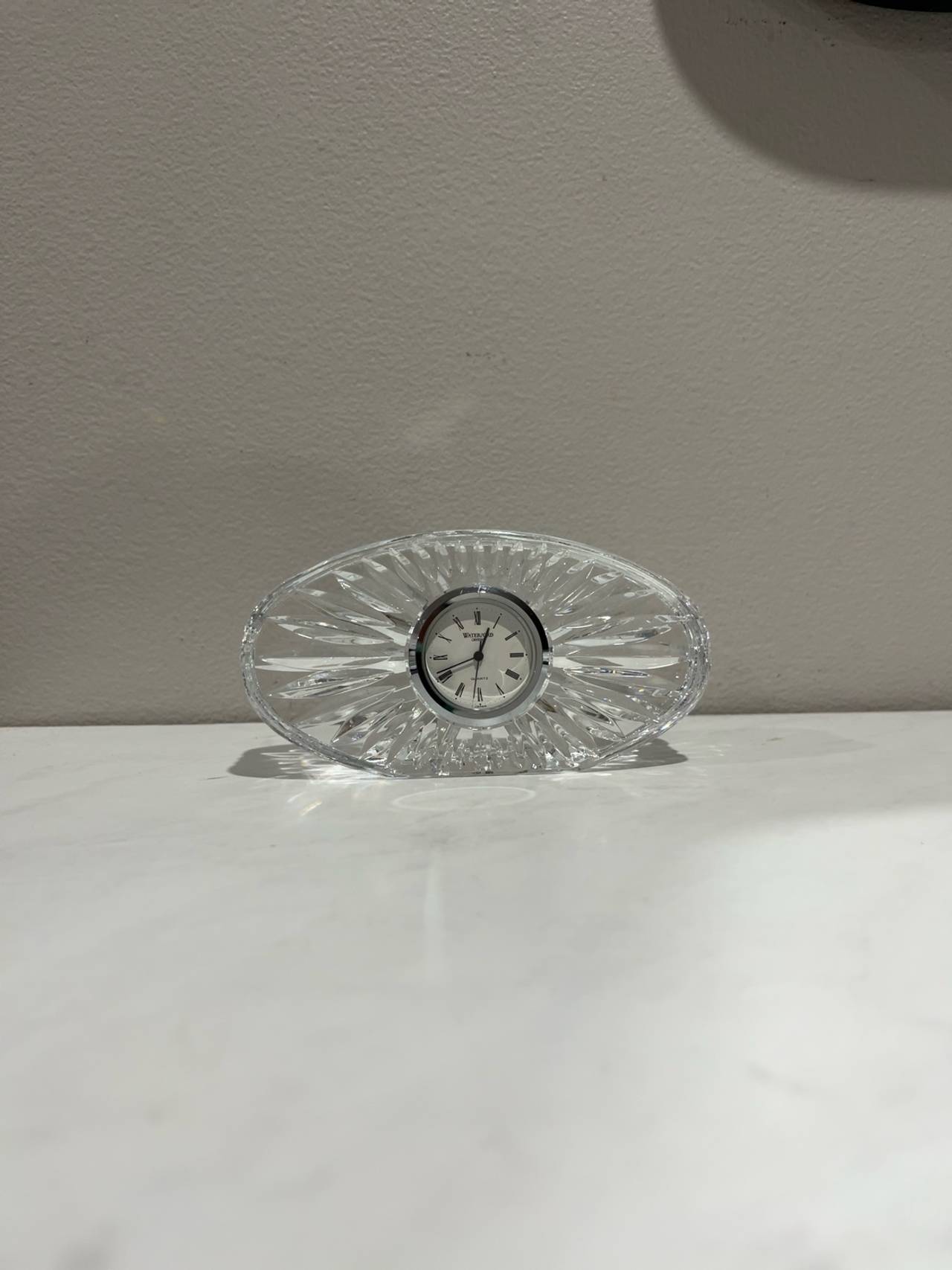WATERFORD Crystal Oval Sunburst Design Small Desk Clock Quartz Needs Battery