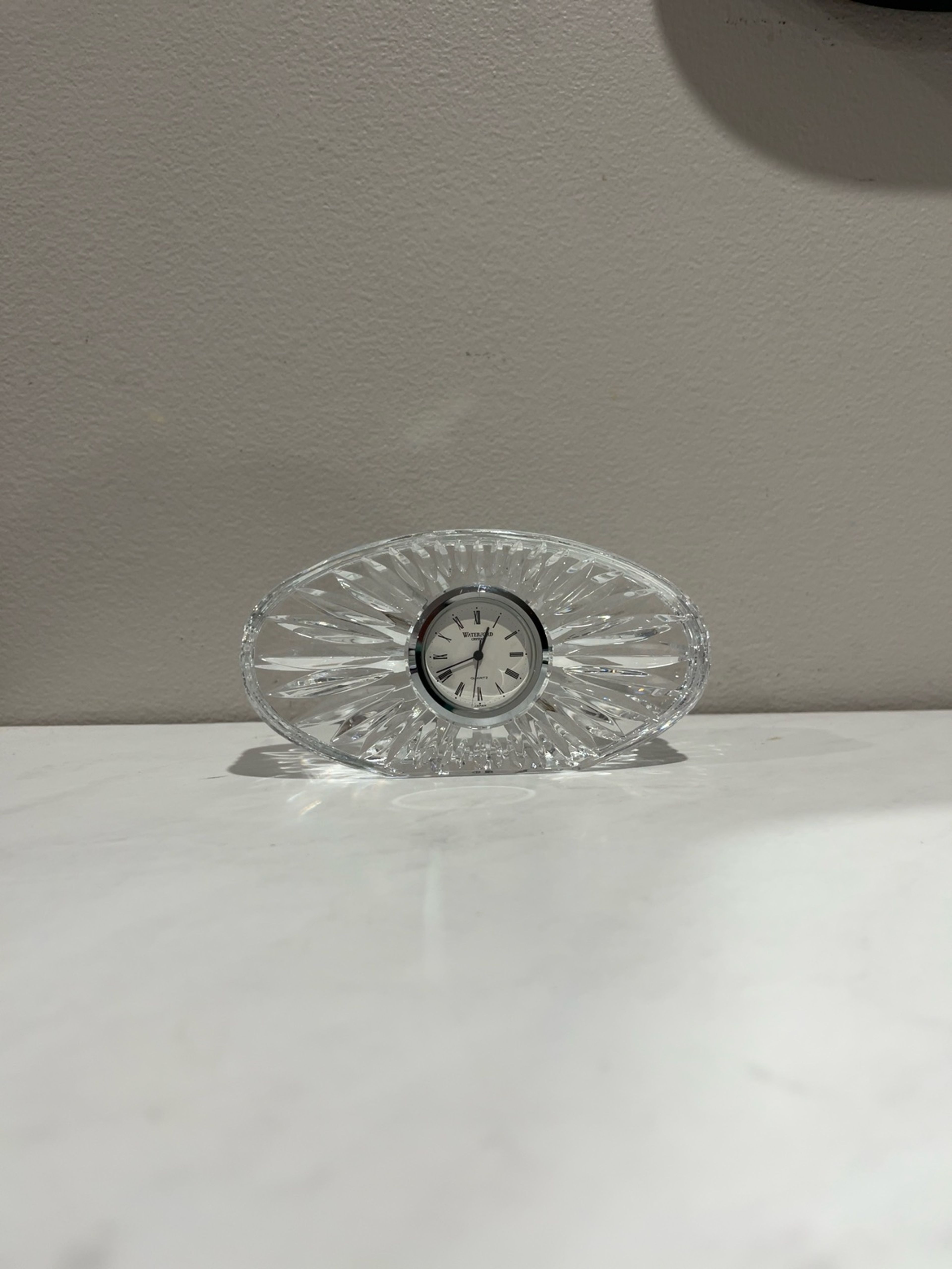 WATERFORD Crystal Oval Sunburst Design Small Desk Clock Quartz Needs Battery