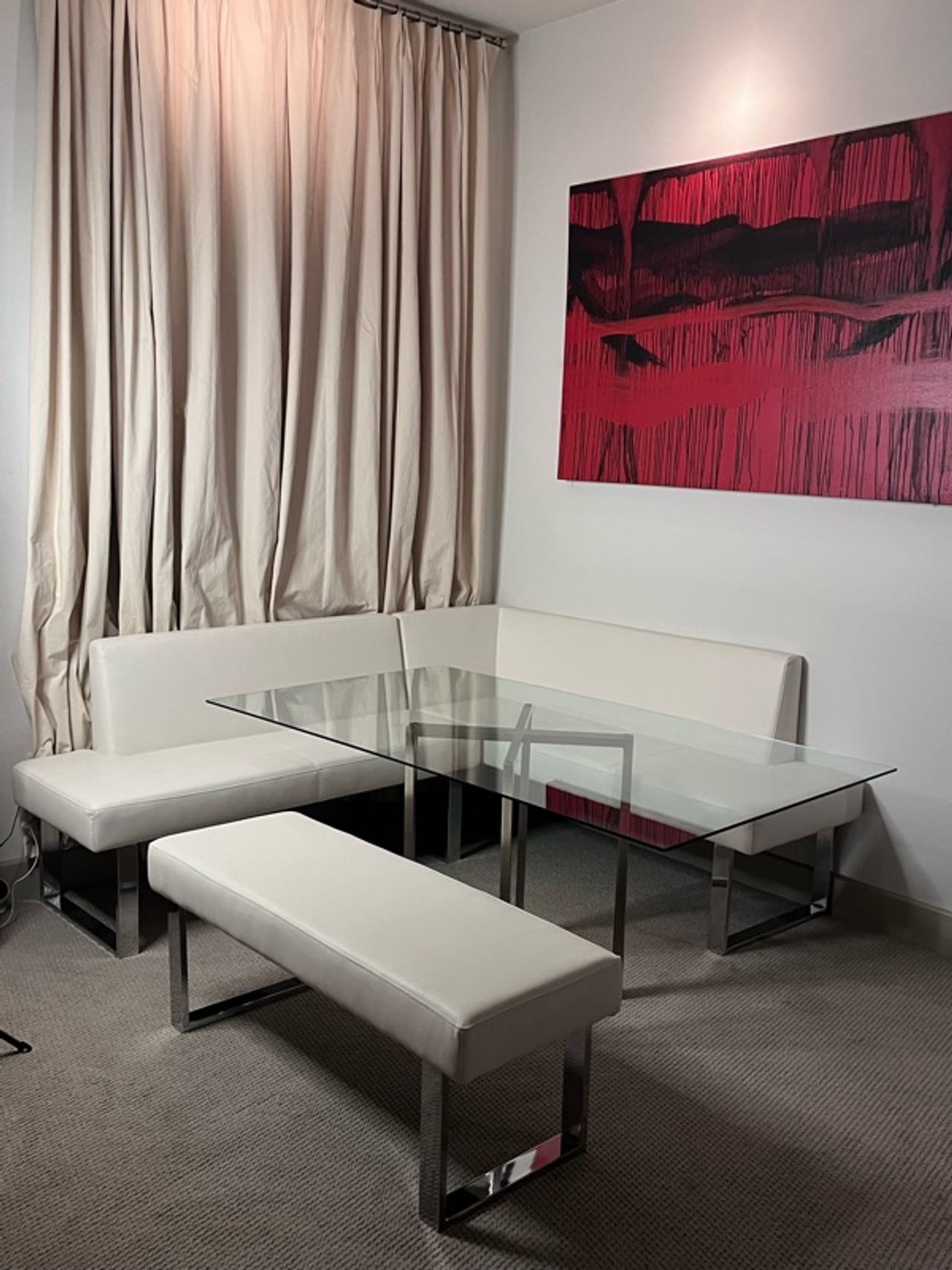 Armen Living Amanda Faux Leather Corner Bench off white dinning booth with glass