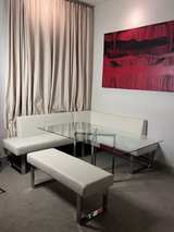 Armen Living Amanda Faux Leather Corner Bench off white dinning booth with glass - Image 1