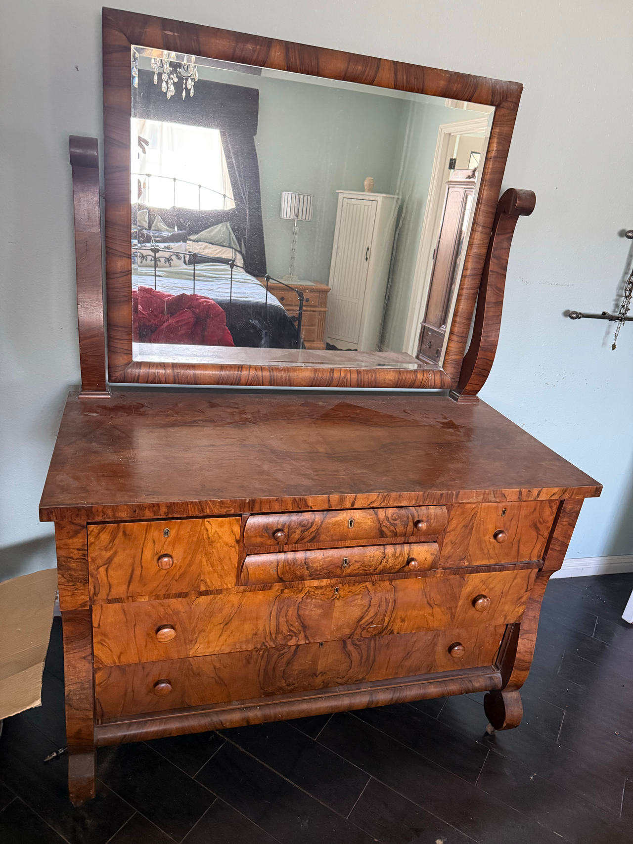 Antique Empire Style Flame Mahogany Dresser with Mirror