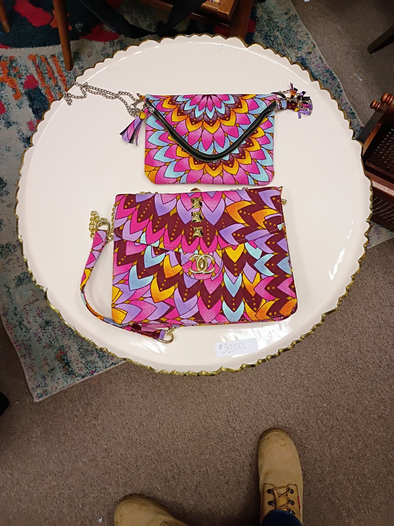 Patterned Handbag and Clutch Set