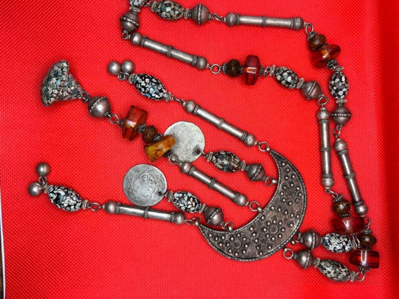 Yemeni Bedouin Antique Silver Bead Necklace with Coin Pendant