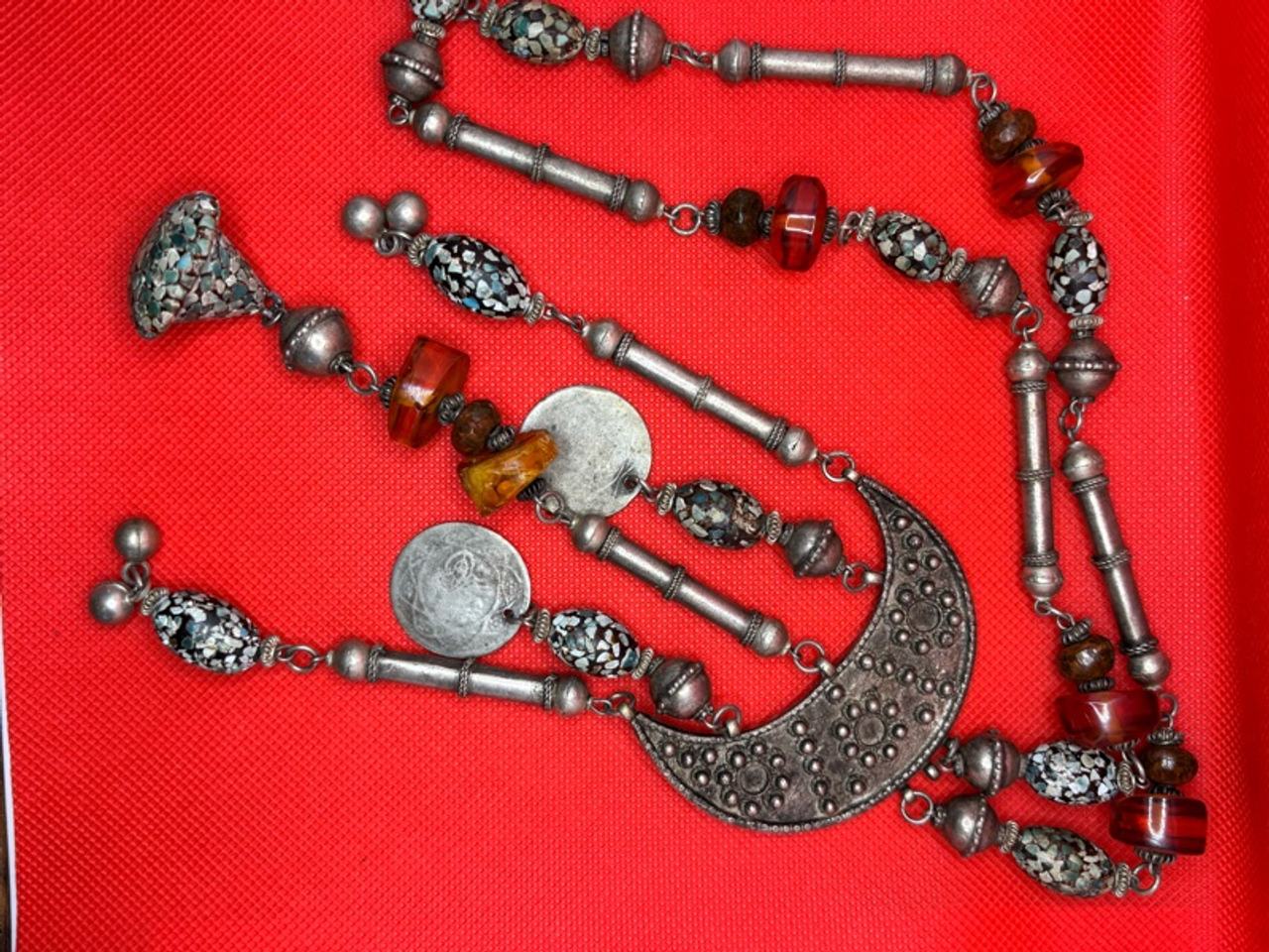 Yemeni Bedouin Antique Silver Bead Necklace with Coin Pendant