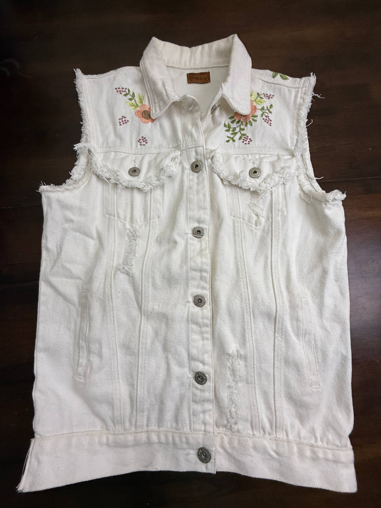 POL Embroidered Distressed Denim Vest medium