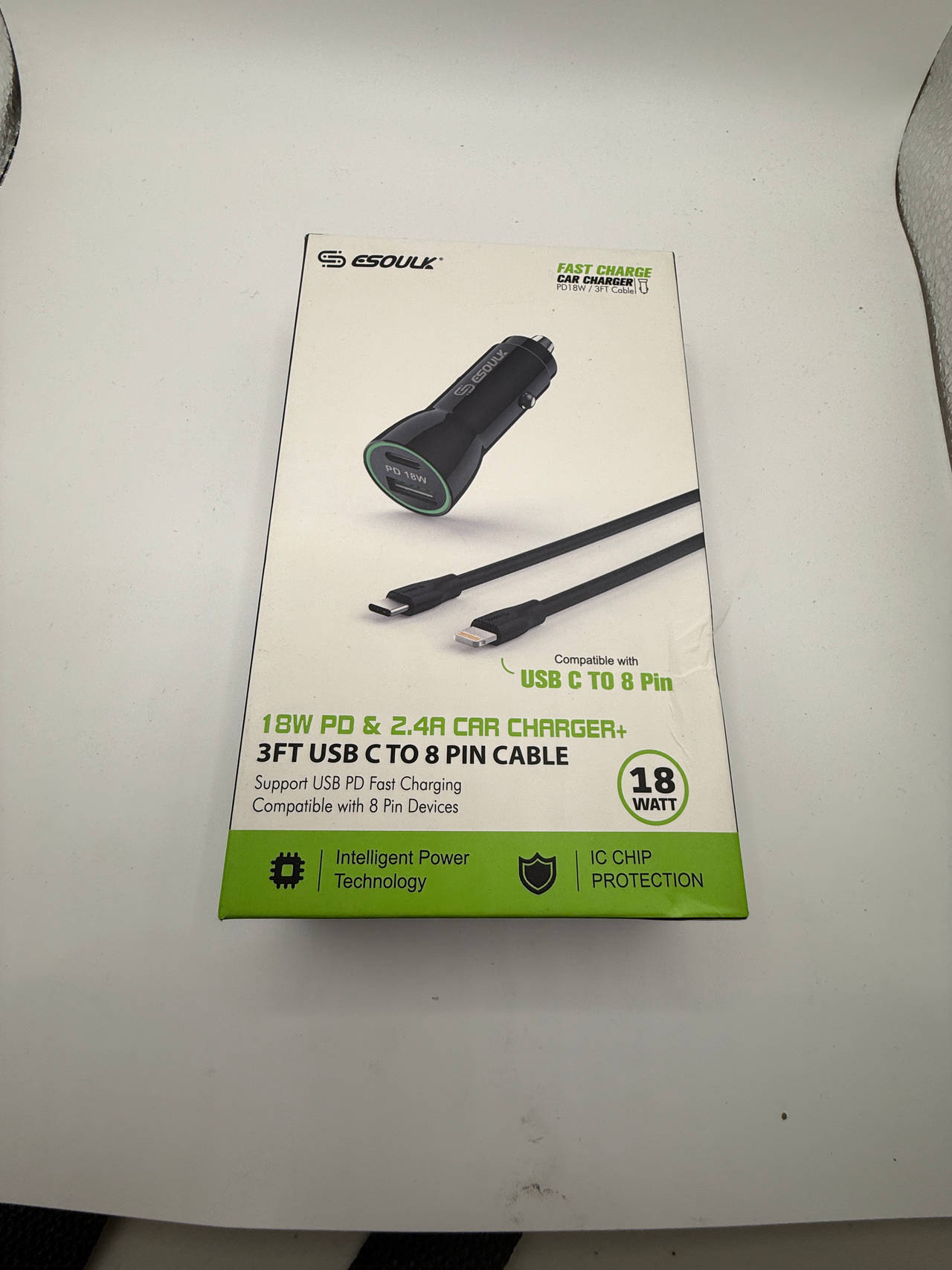 eSoulk 18W PD & 2.4A Car Charger + 3ft USB C to 8 Pin Cable