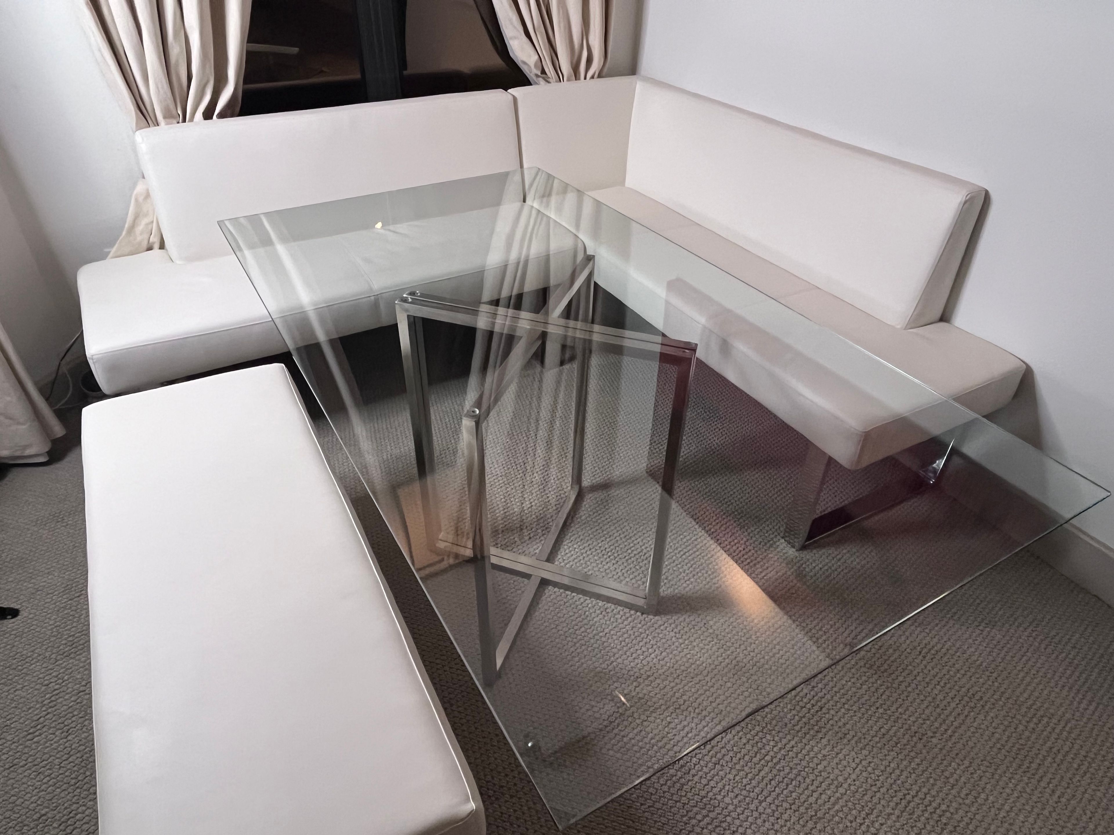 Armen Living Amanda Faux Leather Corner Bench off white dinning booth with glass - Image 2